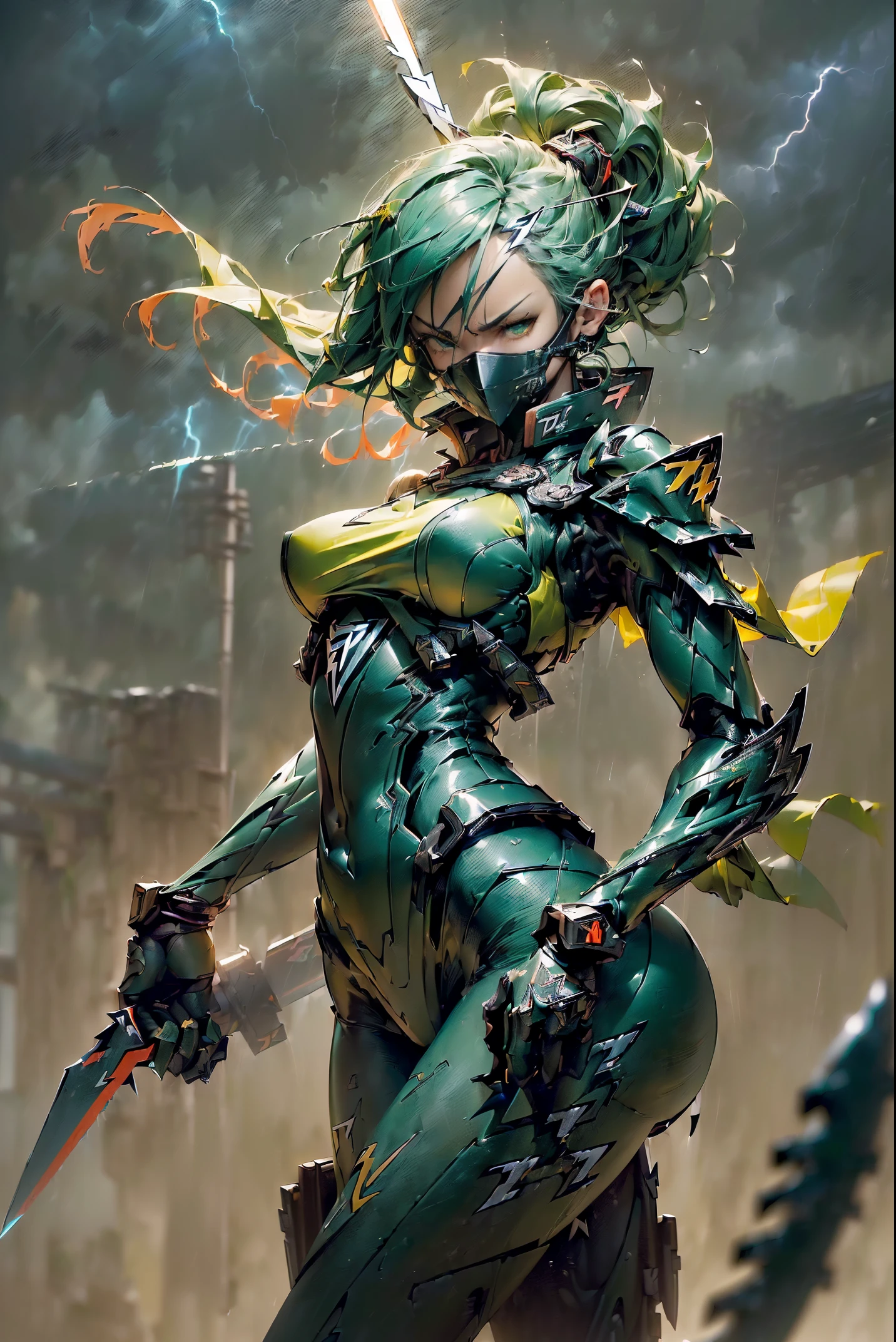 woman wearing ninja armor,(((He holds a kunai tinged with wind in his right hand.:1.3))),(((He holds a kunai charged with lightning in his left hand.:1.3))),(tactical open face mask:1.3),(green and yellow body:1.5),(sensually:1.4),(large full breasts:1.3),(long legged:1.1),(A detailed eye:1.3),(A detailed face:1.3),(Detailed weapons:1.3),(Detailed body:1.3),(full bodyesbian:1.5),((The background is thunder and wind:1.5)),((blur backgroun:1.3)),逼真,(((masutepiece,Extremely detailed, Heavy mechs, hard surface)))