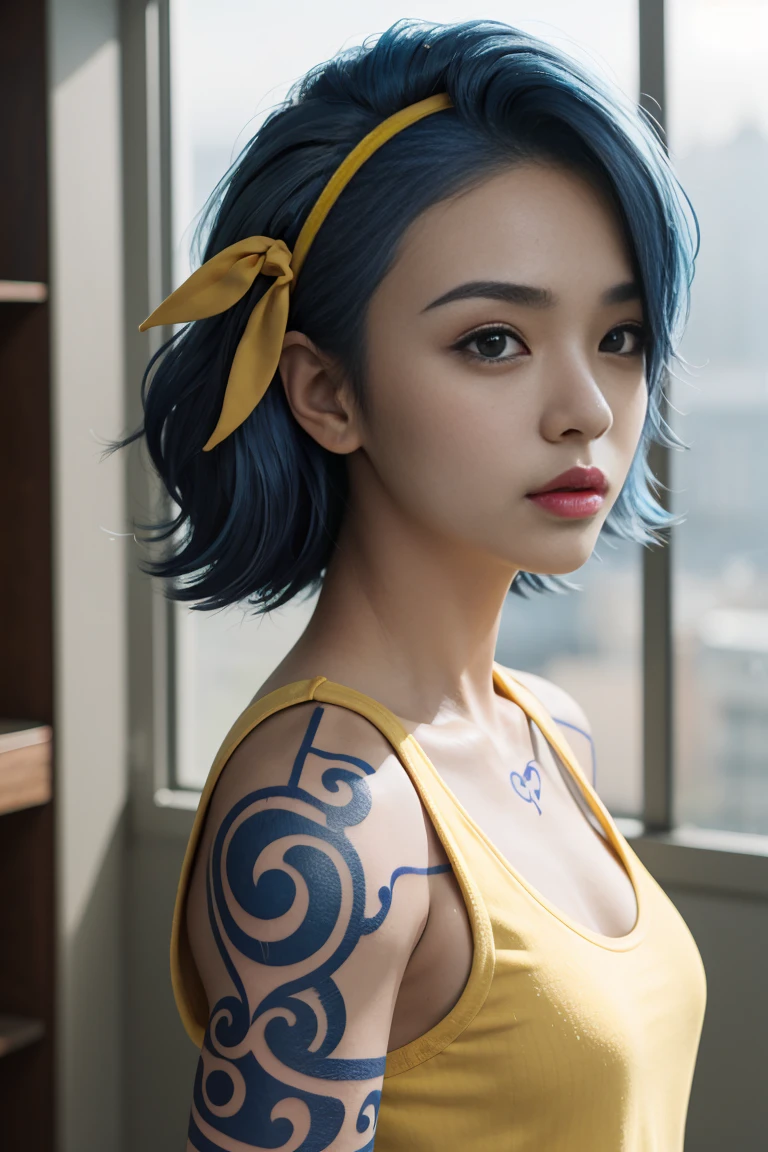 (masterpiece, best quality), nojiko, hairband, blue hair,yellow tank top,jins,tatto,