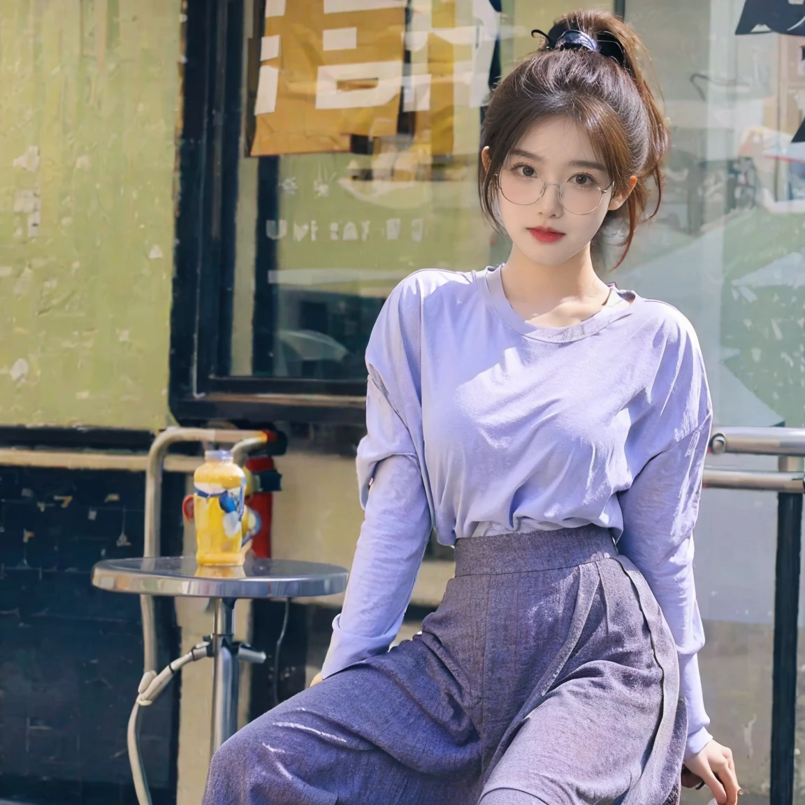 1. white skin girl, , Wearing thick-rimmed glasses，Highlights her facial features, short detailed hair, Ponytail and gray, Silver shirt, She wore another tight shirt underneath her shirt, Brightly colored details evoke the stars and planets of outer space, And blue skirt and high heels,