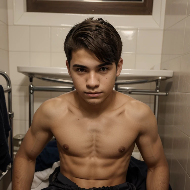 menino adolescente de  anos, menino jovem, cabelo estilo americano ,fortinho, pelo nas axilas,tanquinho, pelado, Fully visible body, pelado sem roupa