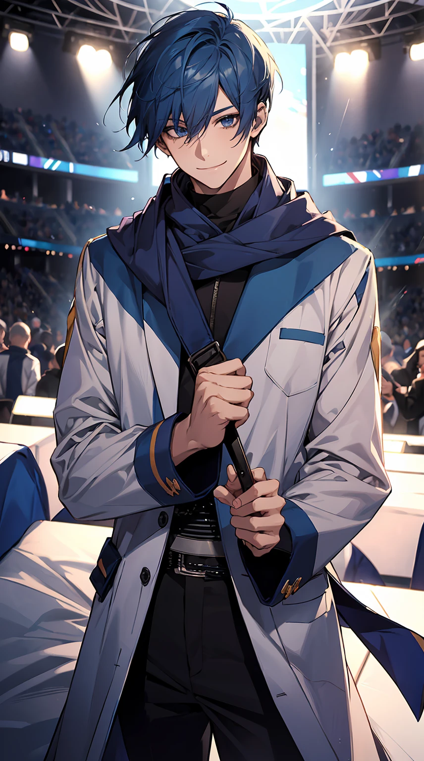 1boy,solo, male photo, ((wrapped in a blue muffler)),smile,enjoying,short hair, blue hair, volcalist,concert,crowd,best quality, masterpiece,ultra detailed