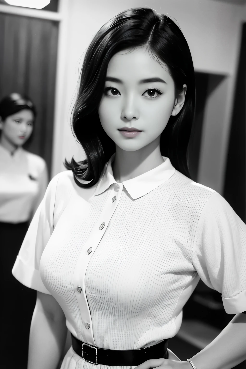 1womanl、(Solo:1.3)、(Super beautiful)、(ultra beautiful faces)、Japan actresses of the 1950s、(Clothes that were popular in the United States in the 1950s)、upperbody shot、(Monochrome photography)