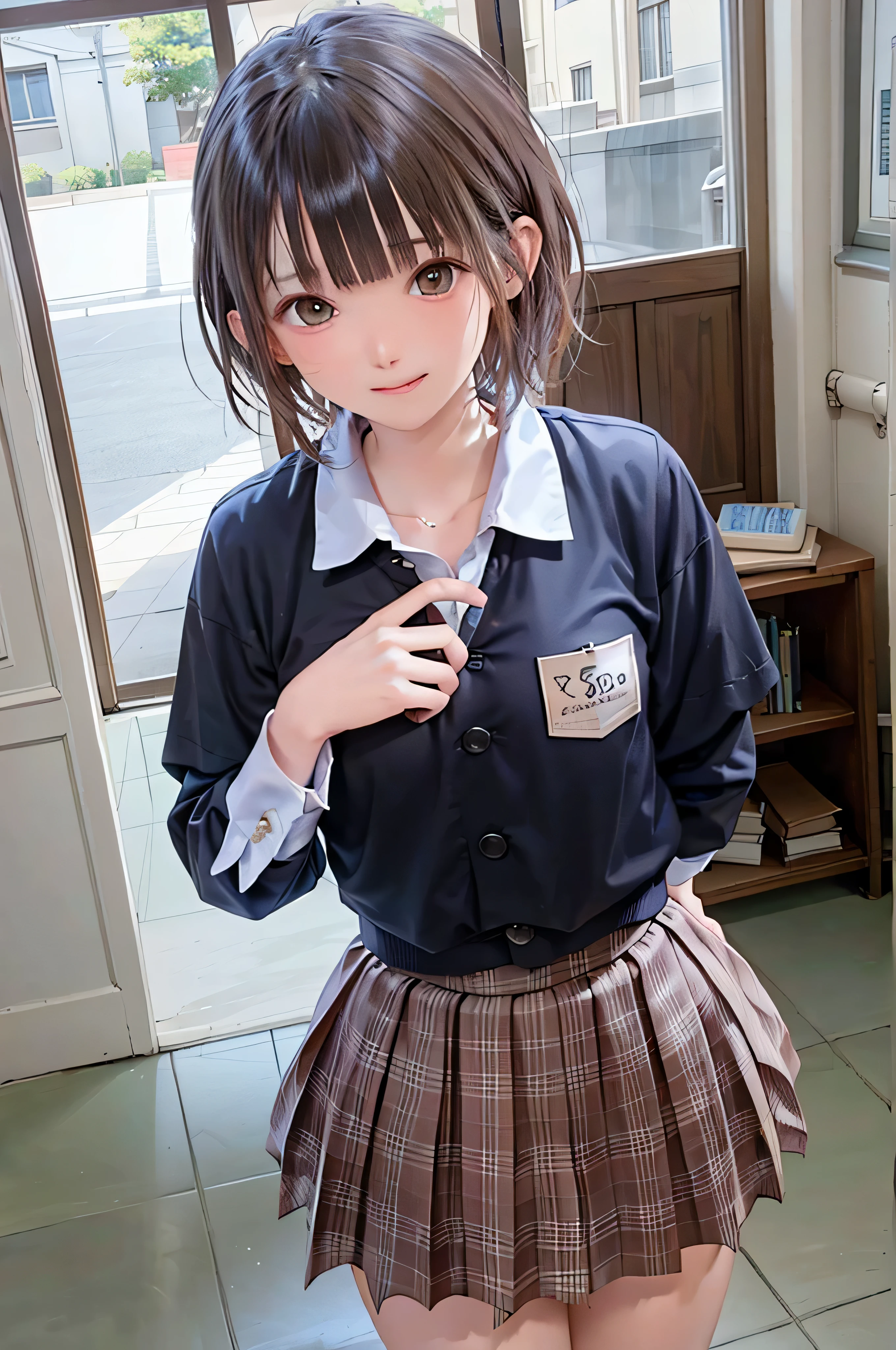 、brown haired、beautidful eyes、real looking skin、hi-school girl、small tits、(8K、​masterpiece)、(reallistic、フォトreallistic)、top-quality、ighly detailed、The ultra-detailliert、Beautie、cute little、japanes、A smile、Close-up portrait、Healthy face、School uniform、plaid skirts