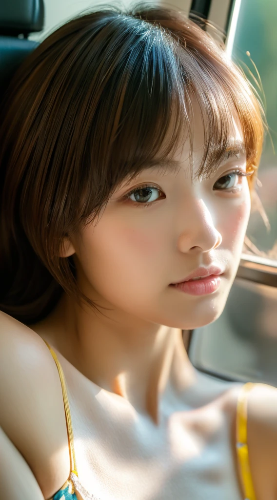 (((masutepiece,Photorealistic))), (((8K,Best Quality: 1.4))), ((Super Detail: 1.4)) , Beautuful Women,japanes,25-years old,On the train,Ultra-detailed facial features, expressive faces, Detailed textures, Natural Skin Shader, 超A high resolution,綺麗なjapanes女性,Floral bra,realisticeyes,real looking skin,the golden ratio