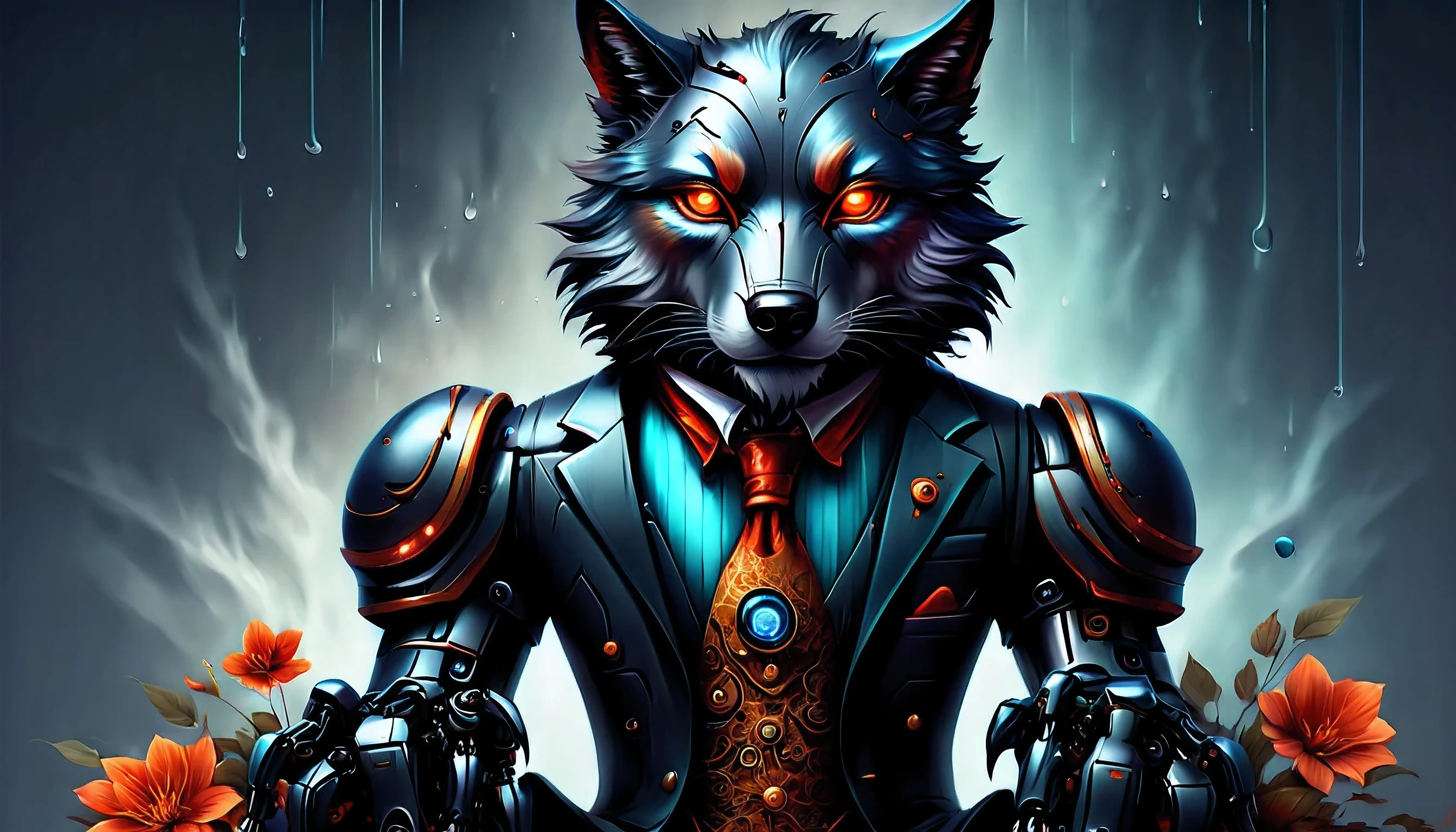 (((Robot butler with mechanical decorative coating Butler uniform with stylish pose illustration:1.3))), Cyborg wolves sit around the robot butler, Dark Fantasy, Rich colors, Vivid colors, very crazy mechanical texture, About graffiti energy explosion, shadow coating, A sparkling wish, intricate detailes, true masterpiece, Tones and high contrast, beautiful detail、Dim glow, smooth and flow-free, neo-gothic atmosphere, floating mist effect, beautiful beauty, addition use adjustment of dark cyan and Dark Fantasy color palette, ultra clear details, very clear texture, complex brush strokes, hightqualityな, High resolution, 最hightqualityの, Unparalleled sharpness and clarity, (((Radiosity rendered in stunning 32K resolution:1.3))), All captured with sharp focus, Highest Quality, hightquality, Stunning mechanical details, wonderful beautiful essence, very sincere atmosphere,  Rain of digital signals using digital painting technology, Dignified, Fluttering petals, Smooth texture, matte paint, gouache, Sharp eyes, dark red orange, complex noble black,