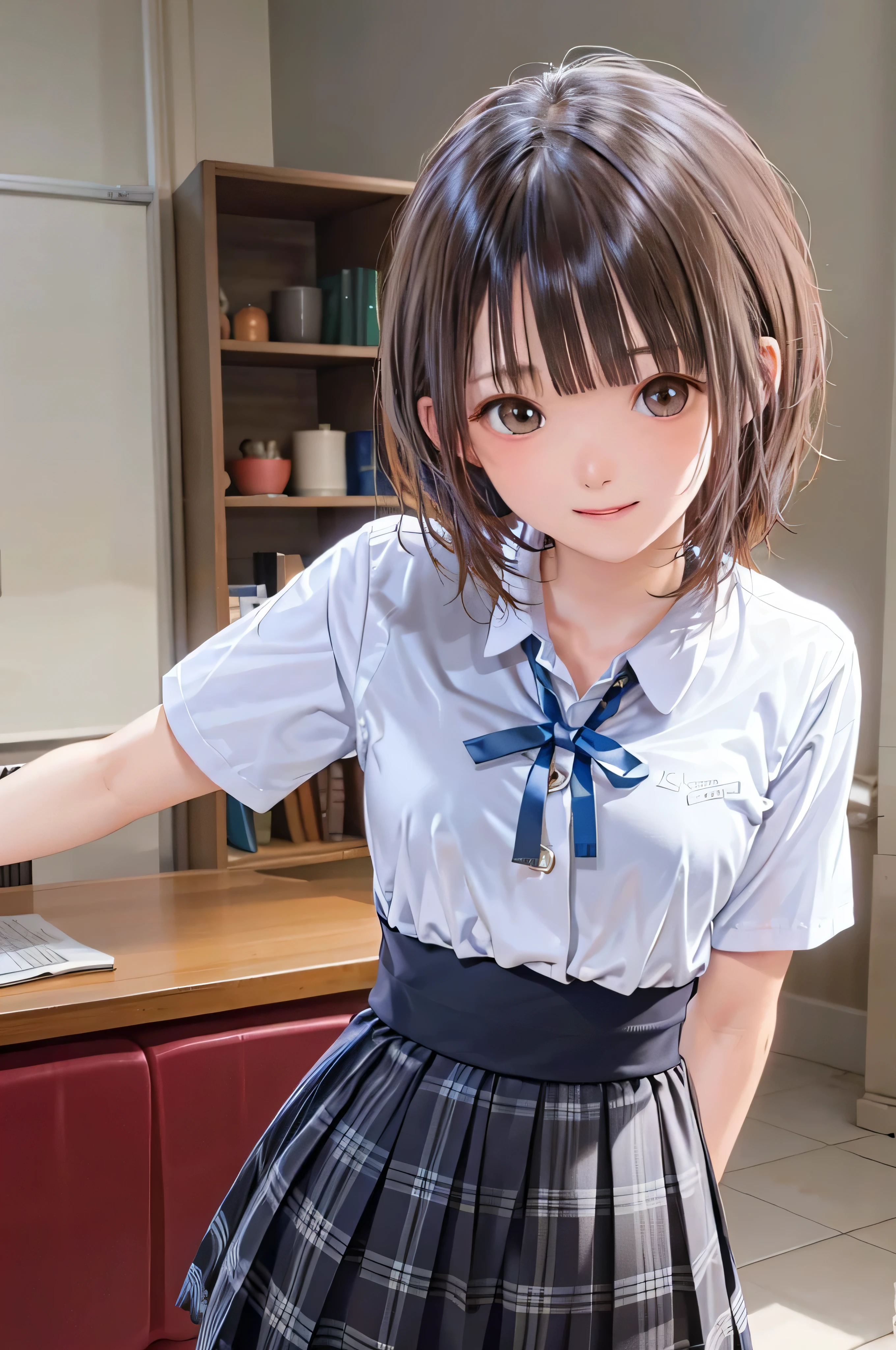 15yo student、brown haired、beautidful eyes、real looking skin、hi-school girl、small tits、(8K、​masterpiece)、(reallistic、フォトreallistic)、top-quality、ighly detailed、The ultra-detailliert、Beautie、cute little、japanes、A smile、Close-up portrait、Healthy face、School uniform、plaid skirts