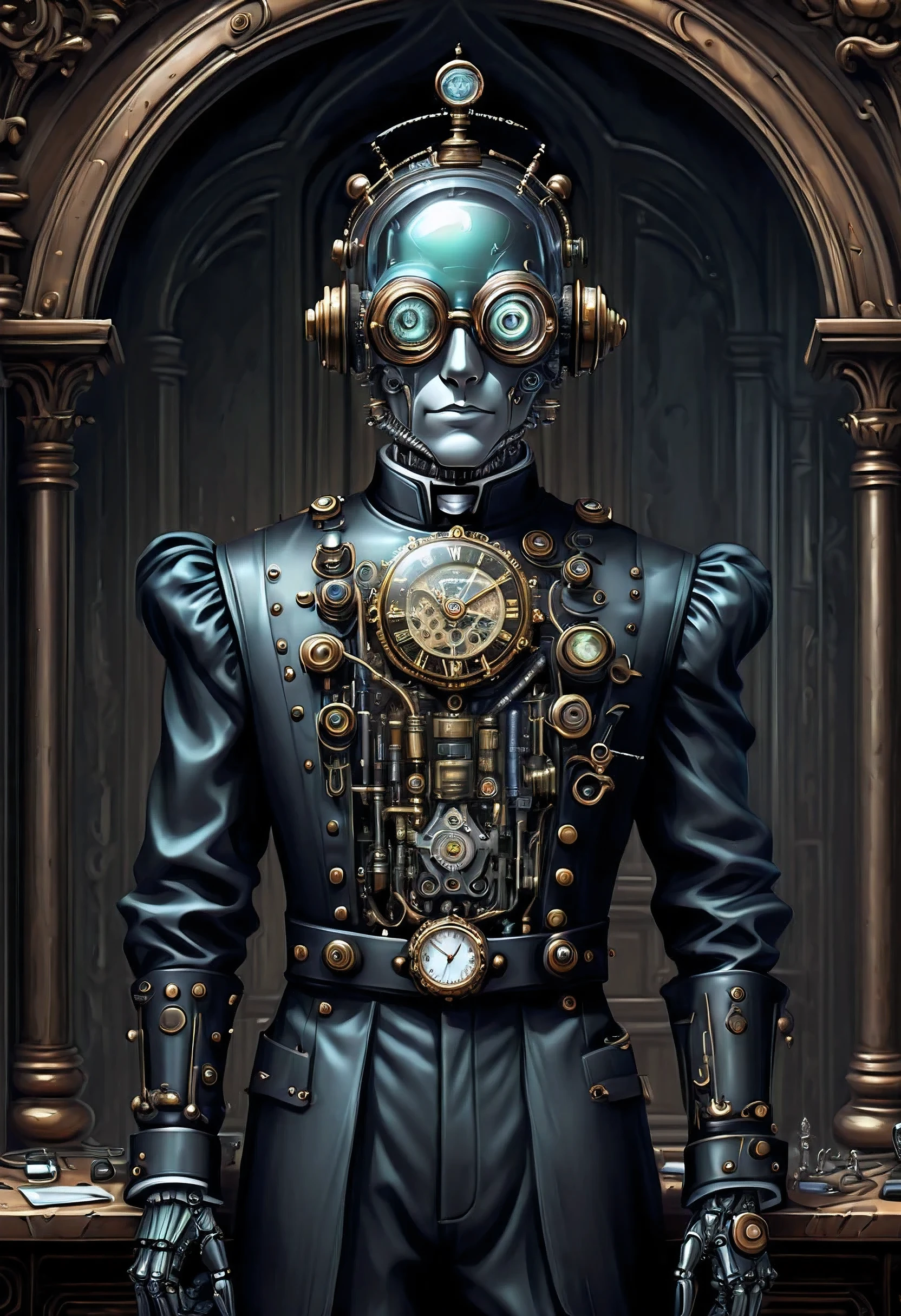 Robot Butler with Mechanical Engineering Profile, steampunk tie, detail soft shadow, Mechanical face with an ennui atmosphere, Mechanical decorative cane with one hand, frombelow, Mechanically with intricate and insane details, About the intricately detailed butler uniform, subtle lighting elements, cool beauty mechanical, Full body shot, From Side, nice cyber butler outfit, An atmosphere of beauty like a finely honed blade, very fine shadows, drizzle doodle background, eternal time clock, It feels like the wind of eternity, Lonely atmosphere, dim white lighting, street art graffiti inspiration, Eyes that show sadness, brave expression, darkest twilight, Detail of darkest core oil paint illustration, ultra clear details, very clear texture, complex brush strokes, High quality, High resolution, of the highest quality,