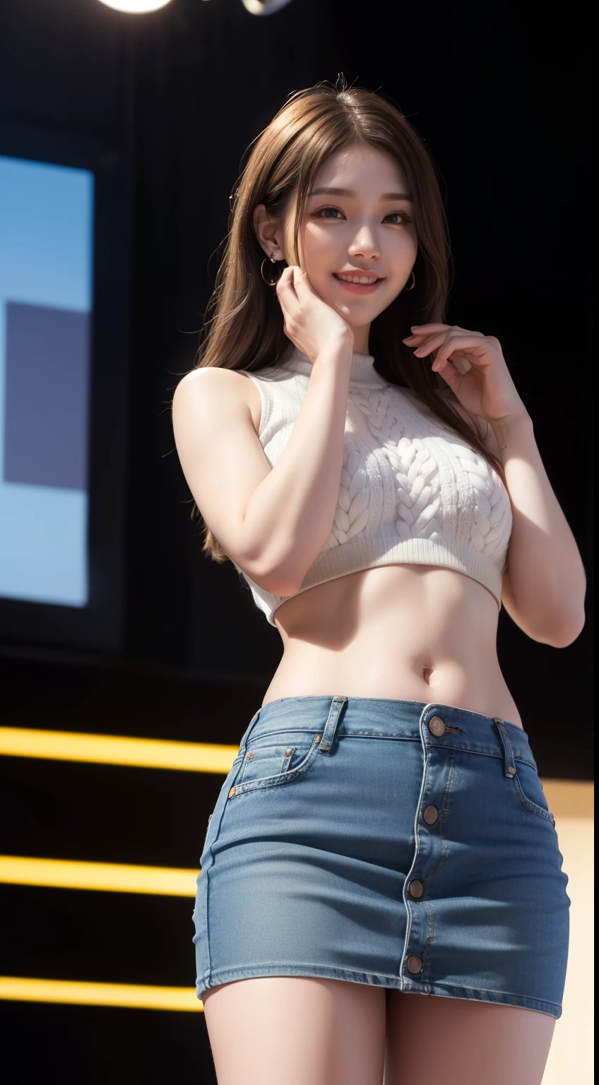 8K, On the table, RAW photogr, Best quality at best, realisticlying, Wallpapers with extreme details CG Unity 8K, depth of fields, 电影灯光, lens flare glow, ray traycing, (Extremely beautiful face, beautifullips, beautidful eyes), Intricately detailed face, ((Ultra-detailed skin)) 1 girl in, (Korean model Kim Daun, Dhoni), (Korean model Kim Daun, Dhoni), (Korean model Kim Daun, Dhoni), (Korean model Kim Daun, Dhoni), (Korean model Kim Daun, Dhoni),1 girl, (Very thin muscles:1.3), ((Look up at the audience)),(Hefty Smile:1.3), (vague background), A glimmer of light), (no people in background.:1.3), Beautiful earrings, Clear  eyes, Front Shooting, (pale-skinned), (Big eyes eyes eyes eyes looking forward, (Full body photo), (pale brown hair), open belly button............, (Look up at the audience:1.3), Very slim, Slim waist, small-sized buttocks, , Slim waist, small-sized buttocks, Slim waist, small-sized buttocks, Slim waist, small-sized buttocks, ((wide Open the abdomen))、((Open the abdomen))、((wide open belly button))、((open belly button))、((of the belly))、((mid length sweater))、((Ultra-low-level、Denim miniskirt))、 ((Navel ejection))、((small-sized buttocks))、((Long-limbed body depiction))、((small-sized buttockoot)、((Ultra-low-level))、((Denim miniskirt))、((standing))、