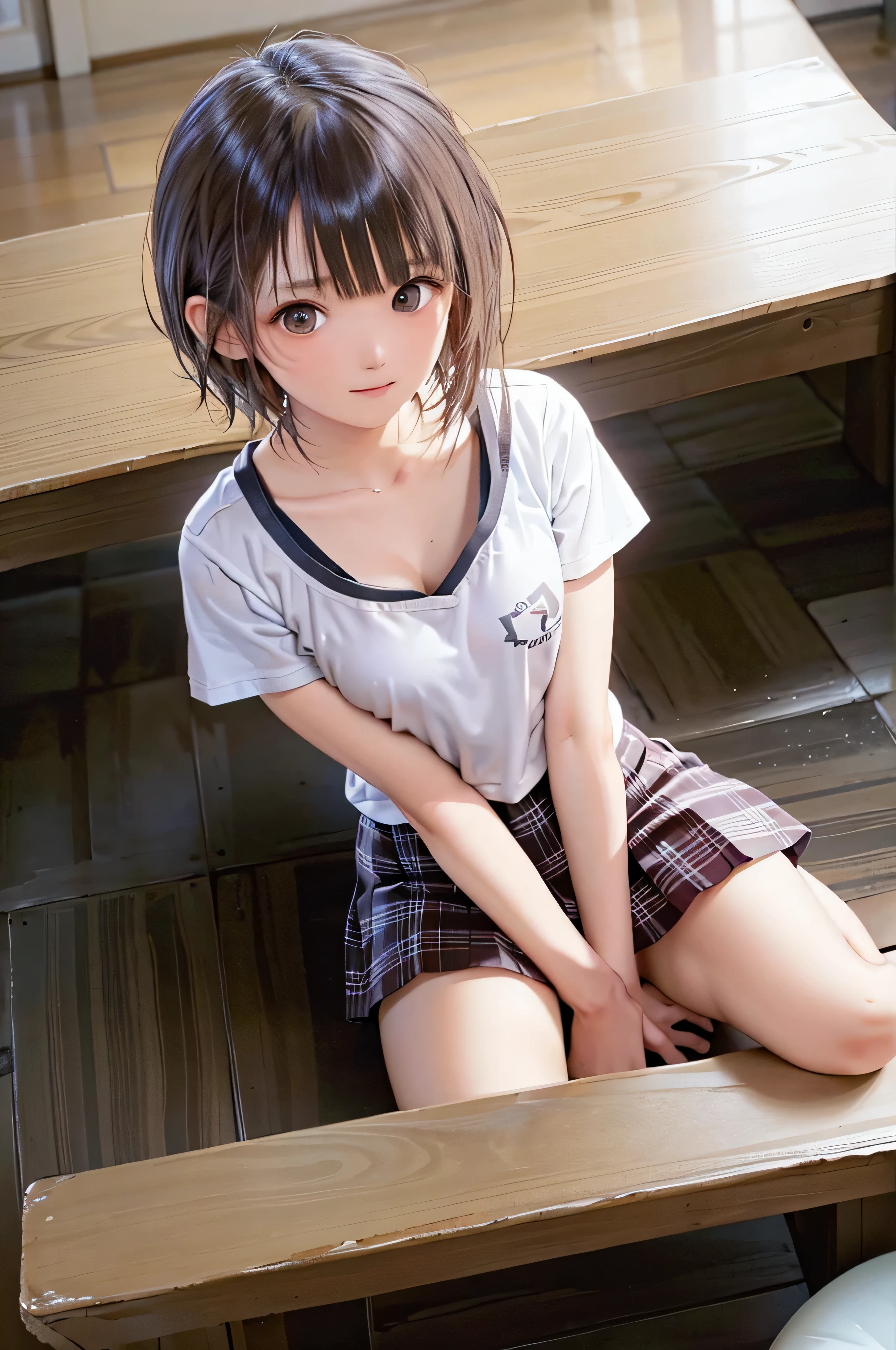 **** student、brown haired、beautidful eyes、real looking skin、hi-school girl、small tits、(8K、​masterpiece)、(reallistic、フォトreallistic)、top-quality、ighly detailed、The ultra-detailliert、Beautie、cute little、japanes、A smile、Close-up portrait、Healthy face、School uniform、plaid skirts