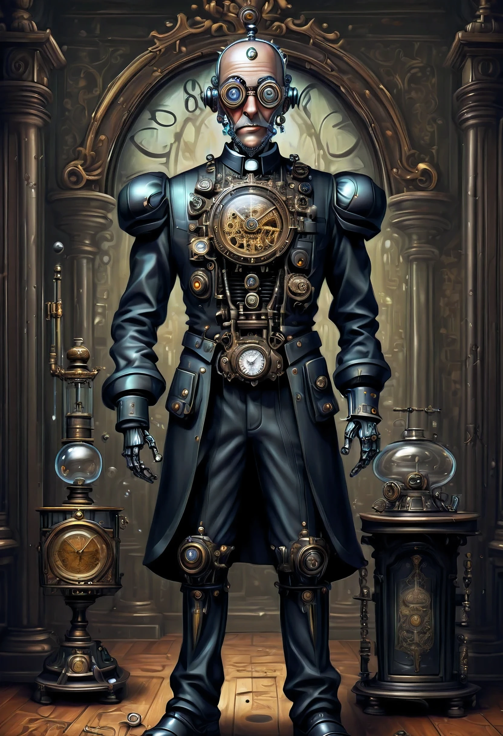 Robot Butler with Mechanical Engineering Profile, steampunk tie, detail soft shadow, Mechanical face with an ennui atmosphere, Mechanical decorative cane with one hand, frombelow, Mechanically with intricate and insane details, About the intricately detailed butler uniform, subtle lighting elements, cool beauty mechanical, Full body shot, From Side, nice cyber butler outfit, An atmosphere of beauty like a finely honed blade, very fine shadows, drizzle doodle background, eternal time clock, It feels like the wind of eternity, Lonely atmosphere, dim white lighting, street art graffiti inspiration, Eyes that show sadness, brave expression, darkest twilight, Detail of darkest core oil paint illustration, ultra clear details, very clear texture, complex brush strokes, High quality, High resolution, of the highest quality,