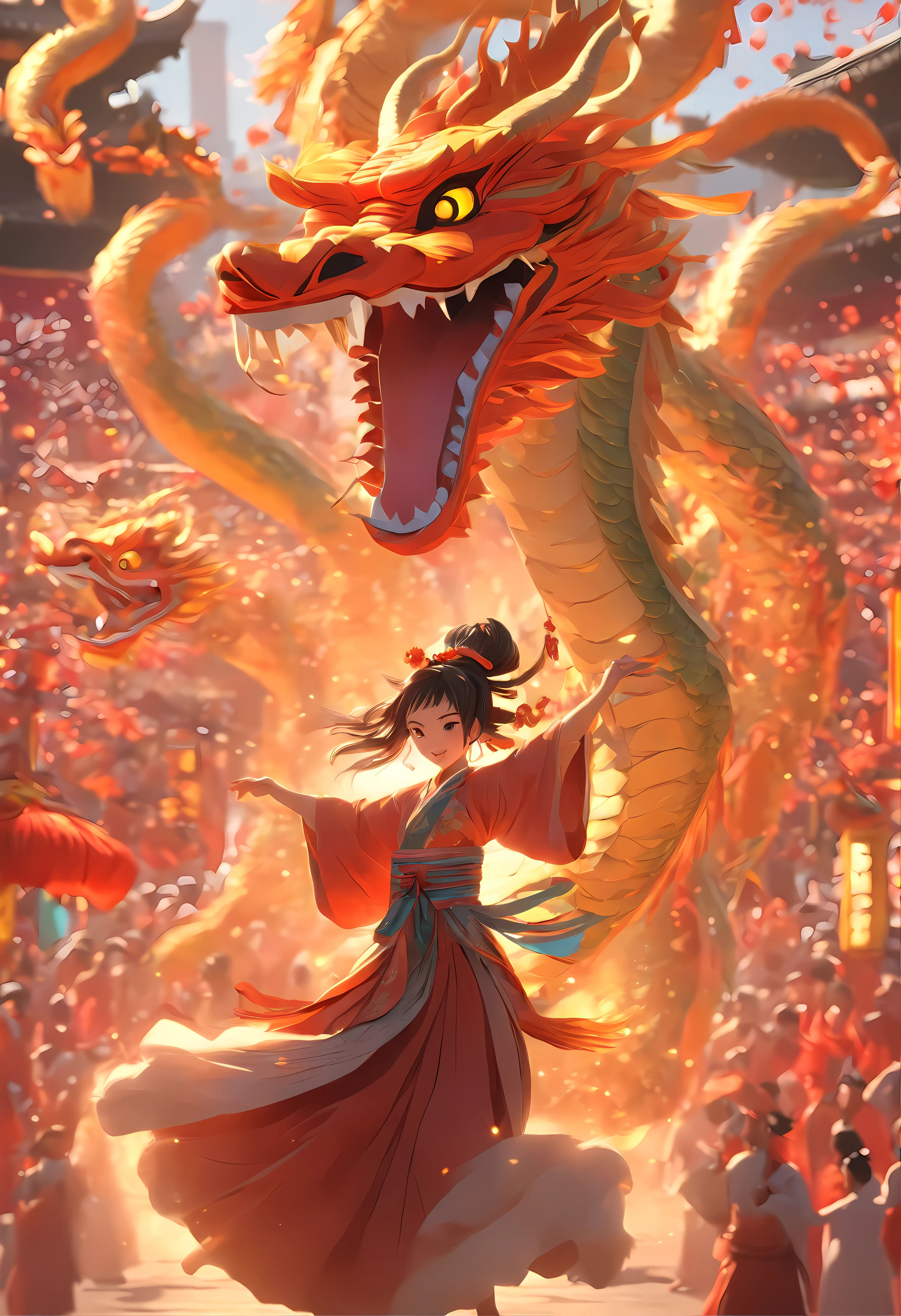 A Beautiful young lady is dancing in tandem with a dragon at the heart of a bustling Chinese New Year parade. Giant dragon puppets snake above, their vibrant colours illuminating the impending martial exchange, firecrackers explode all around, they perform a beautiful dance ritual perfectly synchronised as the crowd watch on, mesmerising dance sequence, breathtakingly beautiful woman, exquisite colour and detail, depth, volumetric light, sub-surface scattering, quixel megascan, absurdres,