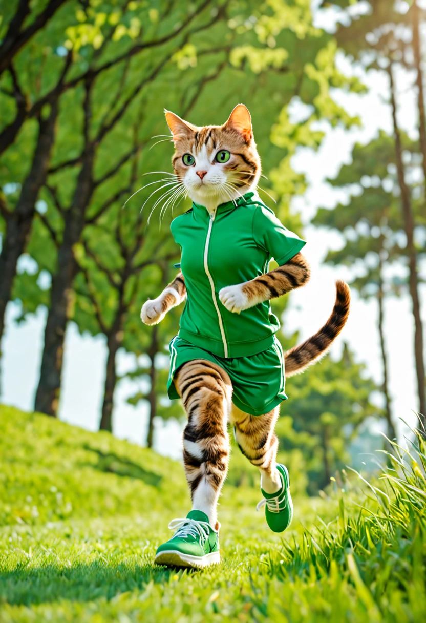 A cat wearing green sportswear,Wearing a pair of green sneakers on her feet,Running on the grass。The background is a green meadow and trees in the distance。