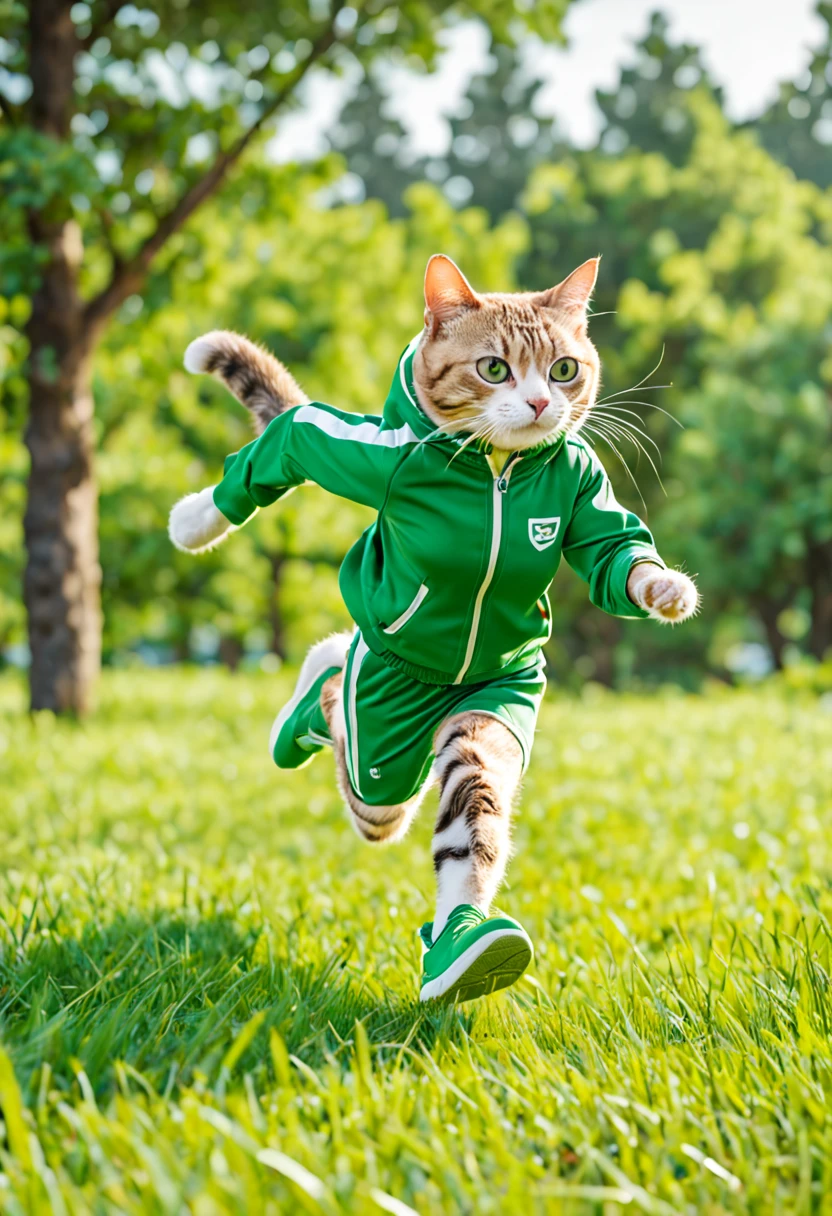 A cat wearing green sportswear,Wearing a pair of green sneakers on her feet,Running on the grass。The background is a green meadow and trees in the distance。