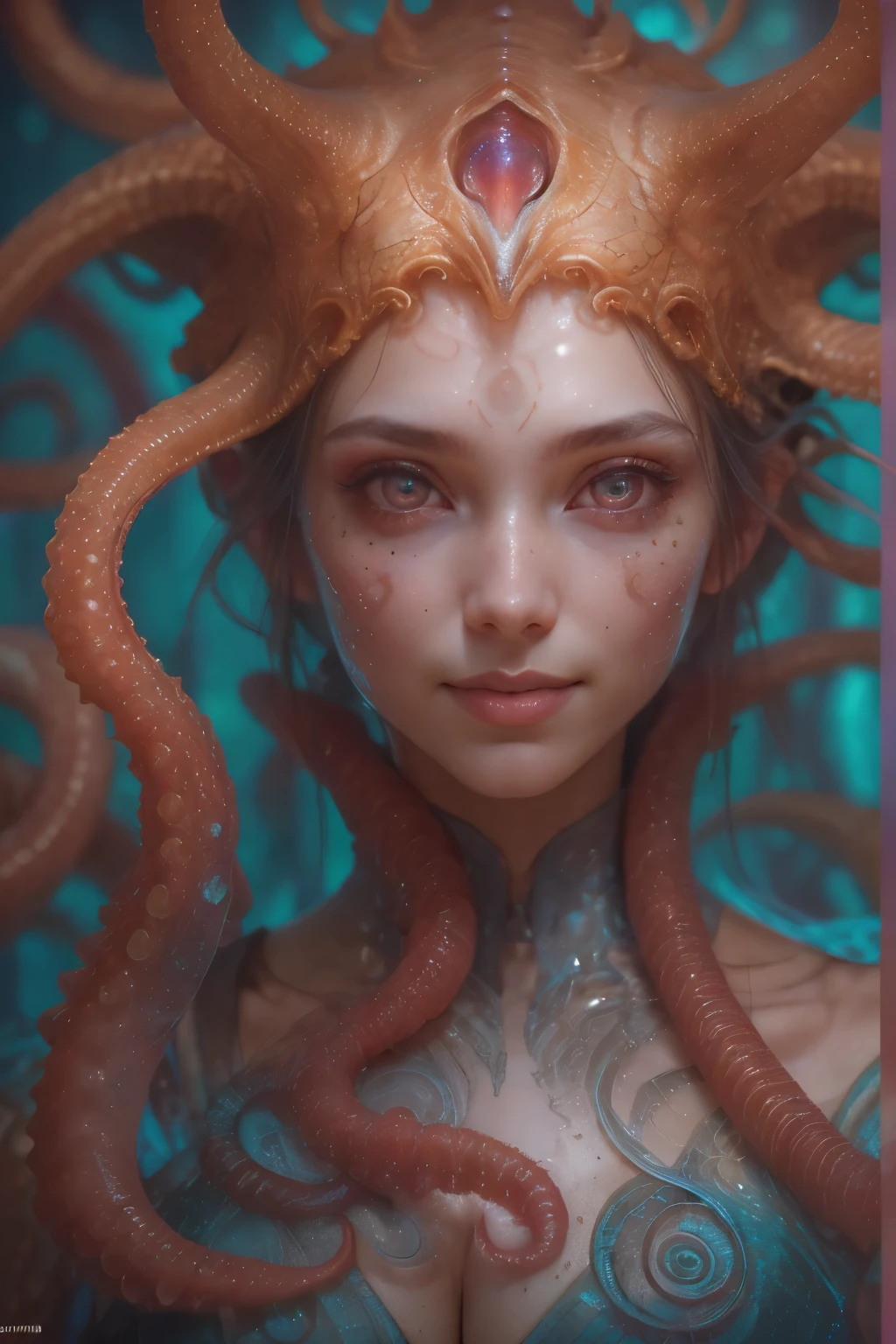 Portrait, (1 beautiful female alien:1.2),  ((There is a female ???????-like organ in the middle of the forehead.:1.9)), (The most beautiful face in the history of the universe:1.2), (Scarlet eyes that shine mysteriously:1.6), (Translucent skin:1.8), an evil gaze that seduces, (red eyes:1.5), (large mouth:1.1), sharp teeth like a shark, Full body like, (bio luminescent:1.2), (Smile wickedly:1.3),  (sexypose:1.5), alien, No humans, cells are fused, (Lots of translucent tentacles:1.1) (Translucent skin:1.3), extraterrestrial, cell, bio image, Best Quality, 8K,4K_quality, High Definition, Dramatic Lighting, masutepiece:1.5,cinematic quality, detail up, (Intricate details:1.2), High resolution, High Definition, drawing faithfully, (Thick eyebrows:1.2), Beautiful eyes with fine symmetry, (Ultra detailed eyes:1.2),(Highly detailed face and eyes:1.2), (High-resolution red-eye:1.4), Intimate face, (Super detailed skin quality feeling:1.4), Perfect ???????,  (Beautiful toned body:1.5),  (Moist skin:1.2), No makeup, (dark circles:1.1), long canines, cinematic drawing of characters, ultra high quality model, cinematic quality, detail up, (Intricate details:1.2), High resolution, High Definition, drawing faithfully, Official art, Unity 8K wall  , 8K Portrait, Best Quality, Very High resolution, ultra detailed artistic photography, midnight aura,  unreal enginee 5, Ultra Sharp Focus, art by alberto seveso, ArtGerm, Roisch, intricate artwork, best quality, masutepiece, ultra High resolution, (photos realistic:1.4), Ultra-realistic realism, dream-like,  nautilus, Creation of fantasy, Snail, Dream Snail,  (biopunk nautilus:1.3), Thrilling color schemes， Ultra-realistic realism， seductively smiling, Blue tentacles, Creatures that mimic humans