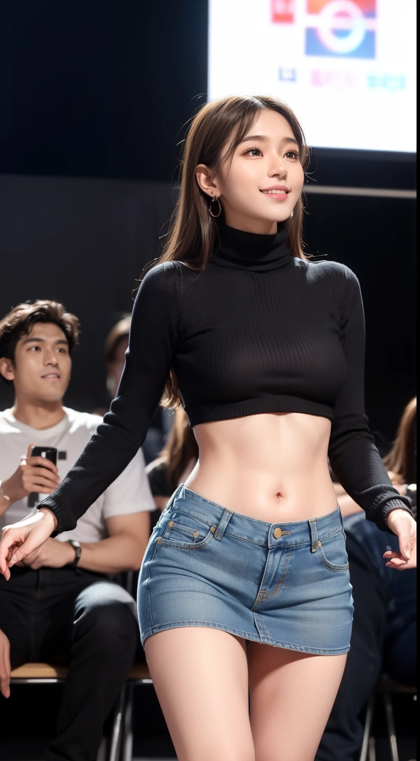 8K, On the table, RAW photogr, Best quality at best, realisticlying, Wallpapers with extreme details CG Unity 8K, depth of fields, 电影灯光, lens flare glow, ray traycing, (Extremely beautiful face, beautifullips, beautidful eyes), Intricately detailed face, ((Ultra-detailed skin)) 1 girl in, (Korean model Kim Daun, Dhoni), (Korean model Kim Daun, Dhoni), (Korean model Kim Daun, Dhoni), (Korean model Kim Daun, Dhoni), (Korean model Kim Daun, Dhoni),1 girl, (Very thin muscles:1.3), ((Look up at the audience)),(Hefty Smile:1.3), (vague background), A glimmer of light), (no people in background.:1.3), Beautiful earrings, Clear eyes, Front Shooting, (pale-skinned), (Big eyes eyes eyes eyes looking forward, (Full body photo), (pale brown hair), open belly button............, (Look up at the audience:1.3), Very slim, Slim waist, small-sized buttocks, , Slim waist, small-sized buttocks, Slim waist, small-sized buttocks, Slim waist, small-sized buttocks, ((wide Open the abdomen))、((Open the abdomen))、((wide open belly button))、((open belly button))、((of the belly))、((mid length sweater))、((Ultra-low-level、Denim miniskirt))、 ((Navel ejection))、((small-sized buttocks))、((Long-limbed body depiction))、((small-sized buttockoot)、((Ultra-low-level))、((Denim miniskirt))、((standing))、