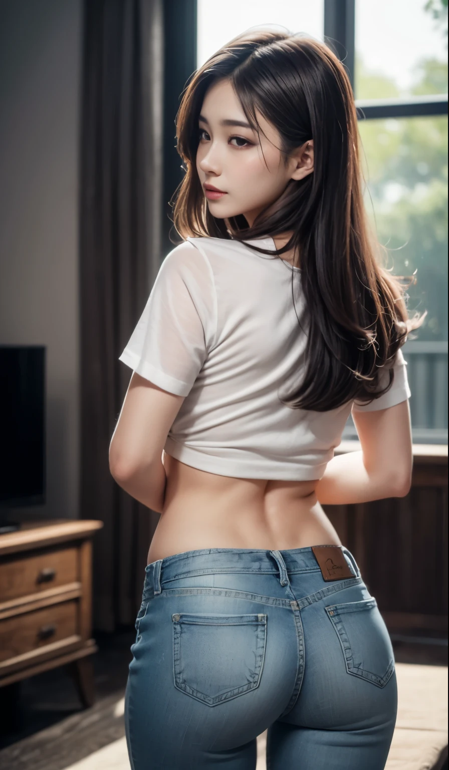 8K, tmasterpiece, RAW photogr, Best quality at best, realisticlying, Extremely detailed CG unified 8K, 8K, diamond, and wallpapers, depth of fields, 电影灯光, lens flare glow, Ray traching, (Extremely beautiful face, beautifullips, pretty eyes), Intricately detailed face, ((Ultra-delicate skin)) 1 girl, Beautiful Korean girl, K-pop idol,1 girl, ultra - detailed, hyper realisitc, Very detailed CG illustration, offcial art, 电影灯光, actual, Young and beautiful girl, perfect body figure, perfect body figure, full pov, perfect bodies, (Starting below:1.3), 的lewd poses,(巨bigger山雀:1.0), long sexy legs, (thigh gap:1.5),Wide hips,Self-confident, Beautiful Sexy, white short sleeve, Open the abdomen, bigger, lightweight denim shorts, S-shaped body, hip is cocked,placed in a,lewd poses,Different Perspectives,looking at viewert, (pale-skinned), (largeeyes),(ssmile:0.8),Turn Back, rear projection,