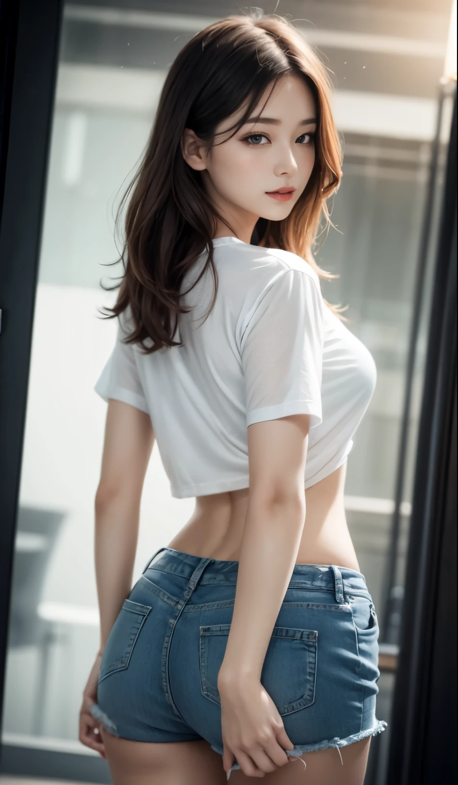 8K, tmasterpiece, RAW photogr, Best quality at best, realisticlying, Extremely detailed CG unified 8K, 8K, diamond, and wallpapers, depth of fields, 电影灯光, lens flare glow, Ray traching, (Extremely beautiful face, beautifullips, pretty eyes), Intricately detailed face, ((Ultra-delicate skin)) 1 girl, Beautiful Korean girl, K-pop idol,1 girl, ultra - detailed, hyper realisitc, Very detailed CG illustration, offcial art, 电影灯光, actual, Young and beautiful girl, perfect body figure, perfect body figure, full pov, perfect bodies, (Starting below:1.3), 的lewd poses,(巨bigger山雀:1.0), long sexy legs, (thigh gap:1.5),Wide hips,Self-confident, Beautiful Sexy, white short sleeve, Open the abdomen, bigger, lightweight denim shorts, S-shaped body, hip is cocked,placed in a,lewd poses,Different Perspectives,looking at viewert, (pale-skinned), (largeeyes),(ssmile:0.8),Turn Back, rear projection,