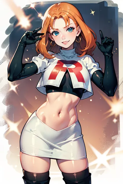 annette_war ,glossy lips, light makeup, eye shadow,  earrings ,team rocket,team rocket uniform, red letter r, white skirt,white ...