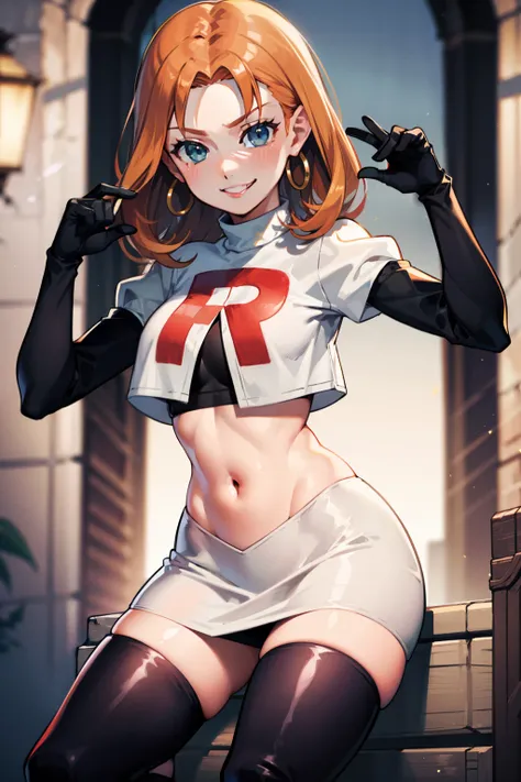 annette_war ,glossy lips, light makeup, eye shadow,  earrings ,team rocket,team rocket uniform, red letter r, white skirt,white ...