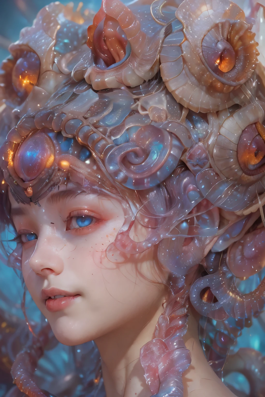 Portrait, (1 beautiful female alien:1.2),  ((There is a female -like organ in the middle of the forehead.:1.9)), (The most beautiful face in the history of the universe:1.2), (Scarlet eyes that shine mysteriously:1.6), (Translucent skin:1.8), an evil gaze that seduces, (red eyes:1.5), (large mouth:1.1), sharp teeth like a shark, Full body like, (bio luminescent:1.2), (Smile wickedly:1.3),  (sexypose:1.5), alien, No humans, cells are fused, (Lots of translucent tentacles:1.1) (Translucent skin:1.3), extraterrestrial, cell, bio image, Best Quality, 8K,4K_quality, High Definition, Dramatic Lighting, masutepiece:1.5,cinematic quality, detail up, (Intricate details:1.2), High resolution, High Definition, drawing faithfully, (Thick eyebrows:1.2), Beautiful eyes with fine symmetry, (Ultra detailed eyes:1.2),(Highly detailed face and eyes:1.2), (High-resolution red-eye:1.4), Intimate face, (Super detailed skin quality feeling:1.4), Perfect ,  (Beautiful toned body:1.5),  (Moist skin:1.2), No makeup, (dark circles:1.1), long canines, cinematic drawing of characters, ultra high quality model, cinematic quality, detail up, (Intricate details:1.2), High resolution, High Definition, drawing faithfully, Official art, Unity 8K wall  , 8K Portrait, Best Quality, Very High resolution, ultra detailed artistic photography, midnight aura,  unreal enginee 5, Ultra Sharp Focus, art by alberto seveso, ArtGerm, Roisch, intricate artwork, best quality, masutepiece, ultra High resolution, (photos realistic:1.4), Ultra-realistic realism, dream-like,  nautilus, Creation of fantasy, Snail, Dream Snail,  (biopunk nautilus:1.3), Thrilling color schemes， Ultra-realistic realism， seductively smiling, Blue tentacles, Creatures that mimic humans