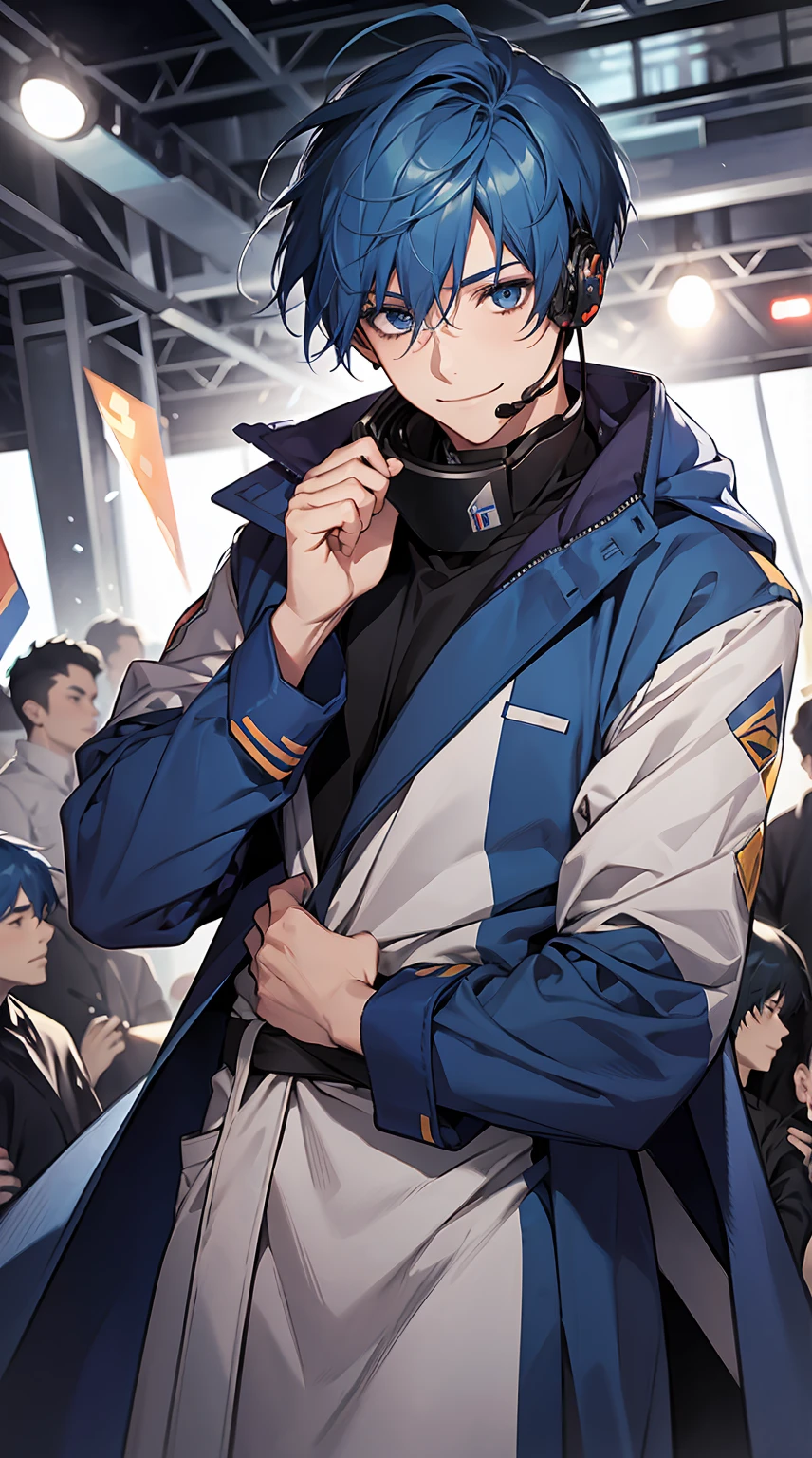 1boy,solo, male photo, ((wrapped in a blue muffler)),smile,enjoying,wear headsets,short hair, blue hair, volcalist,concert,crowd,best quality, masterpiece,ultra detailed