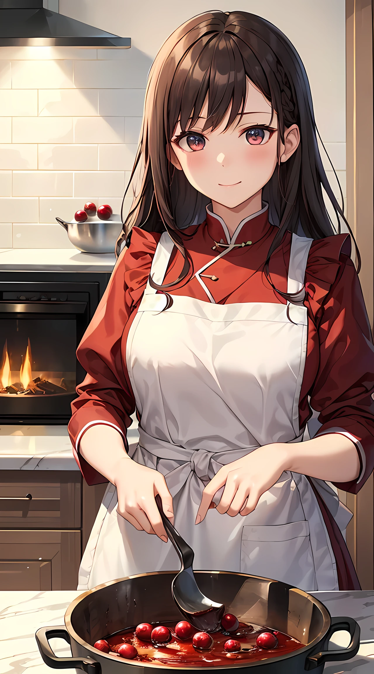 Background with: Luxury kitchens in medieval Europe。 There is a pot by the big fireplace.、Cranberry jam is boiled in it。 Fresh cranberry kernels and sugar on the kitchen table、Ingredients such as lemons are lined up。 人物: Young Marquis。Hairstyle is long hair、Hair color is brown。She wears a gorgeous dress and、Working in the kitchen with an apron on。 Facial expressions and eyes:The focus is on her face。She is concentrating on jam.、Smile and working cutely。 Poses: One hand holds a wooden spoon、Stirring the jam in the pan。 In the other hand hold a cranberry fruit、Trying to add to the pot。 styles: Detailed background of medieval Europe and、Her gorgeous dresses and hairstyles are distinctive。 Overall, it has a historical atmosphere.、Highlights her cuteness。 Special elements: Cranberry colorful red、Among the whole shades are emphasized。Her dresses and kitchen décor too、Expresses the luxury of medieval Europe。pov