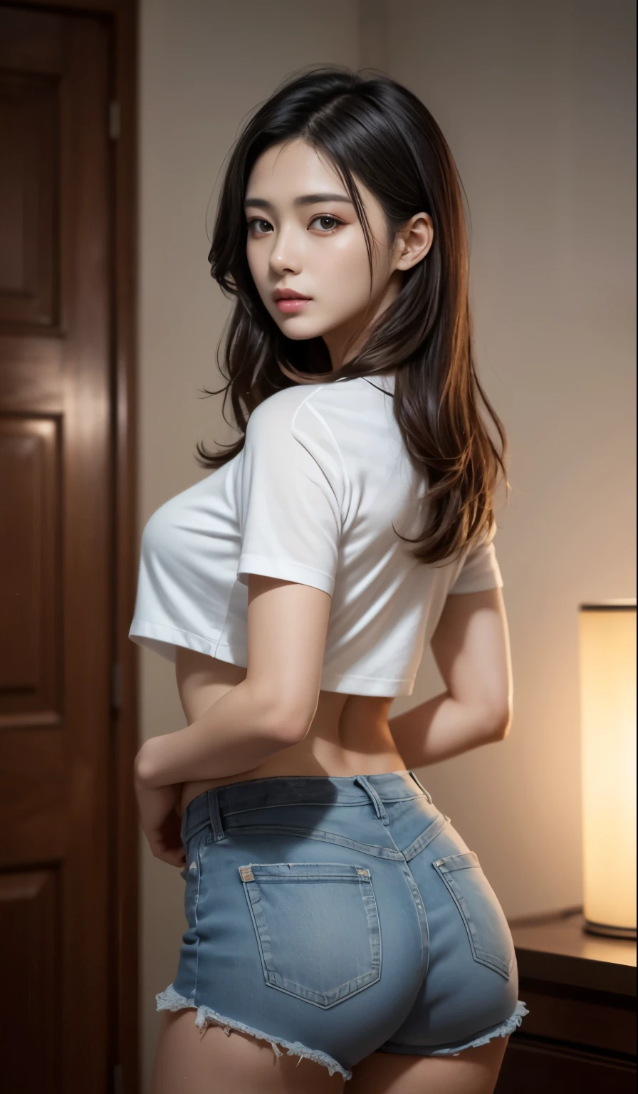 8K, tmasterpiece, RAW photogr, Best quality at best, realisticlying, Extremely detailed CG unified 8K, 8K, diamond, and wallpapers, depth of fields, 电影灯光, lens flare glow, Ray traching, (Extremely beautiful face, beautifullips, pretty eyes), Intricately detailed face, ((Ultra-delicate skin)) 1 girl, Beautiful Korean girl, K-pop idol,1 girl, ultra - detailed, hyper realisitc, Very detailed CG illustration, offcial art, 电影灯光, actual, Young and beautiful girl, perfect body figure, perfect body figure, full pov, perfect bodies, (Starting below:1.3), 的lewd poses,(巨bigger山雀:1.0), long sexy legs, (thigh gap:1.5),Wide hips,Self-confident, Beautiful Sexy, white short sleeve, Open the abdomen, bigger, lightweight denim shorts, S-shaped body, hip is cocked,placed in a,lewd poses,Different Perspectives,looking at viewert, (pale-skinned), (largeeyes),(ssmile:0.8),Turn Back, rear projection,