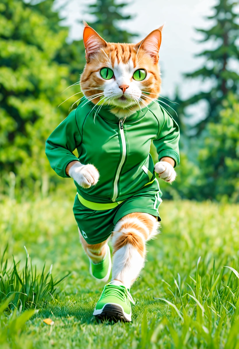 A cat wearing green sportswear，Wearing a pair of green sneakers on her feet，Run on the grass。The background is green grass and distant trees。