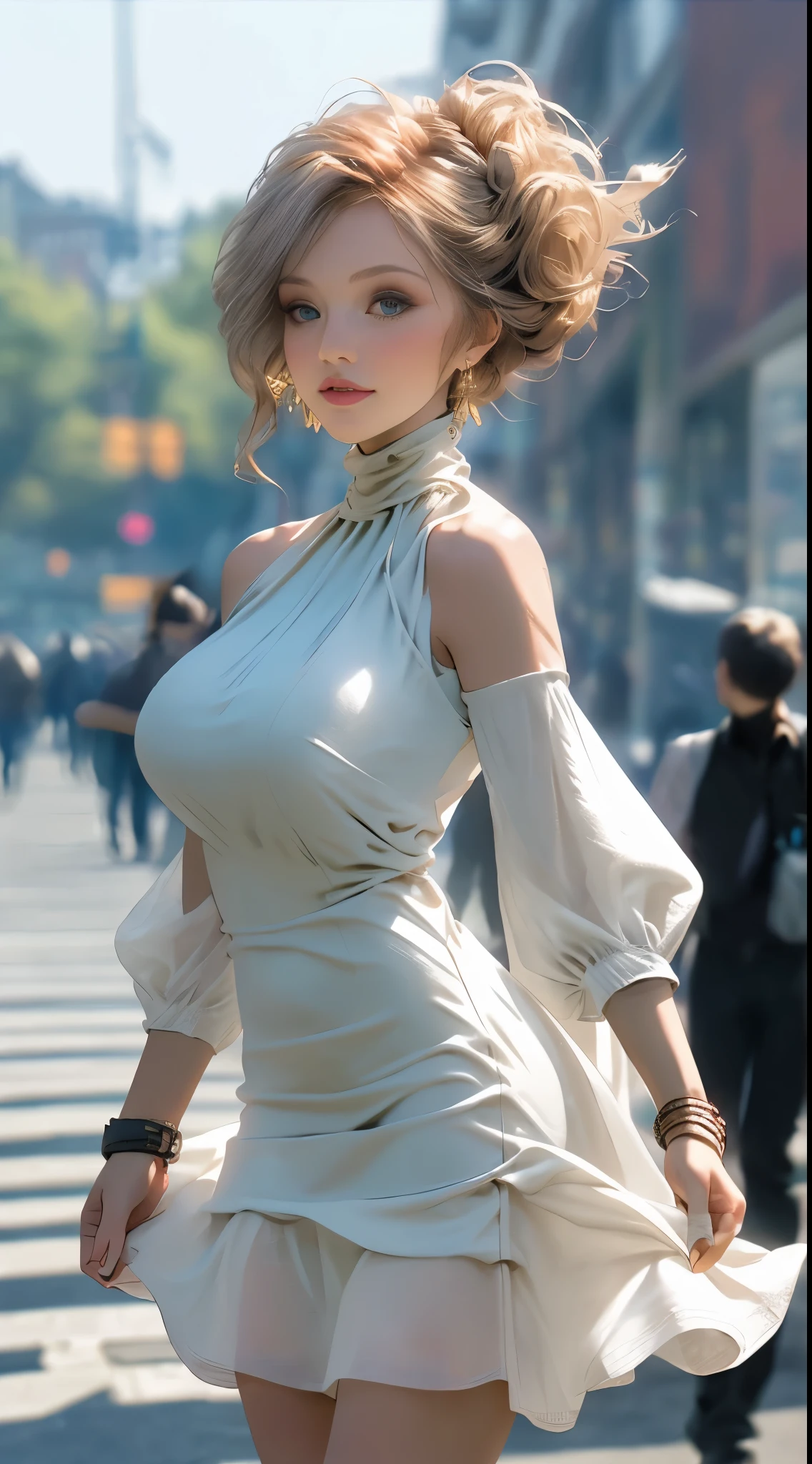 em uma rua iluminada com uma Bugatti atrás Illustration in styles of Harrison Fisher, Jeremy Mann, Alexandre Cabanel, and Tomer Hanuka, of a stunningly beautiful lady sexy big big tits decote em V Angelina jolie girl Power fênix + Avril Lavigne clad in an mini dress, em seus pés with the contradiction of men's sandália, atmosphere that balances the delicate and the rugged, soft pastel hues for the dress pink Blue contrasting their sturdy, leather exterior, textures that interplay tone as if at