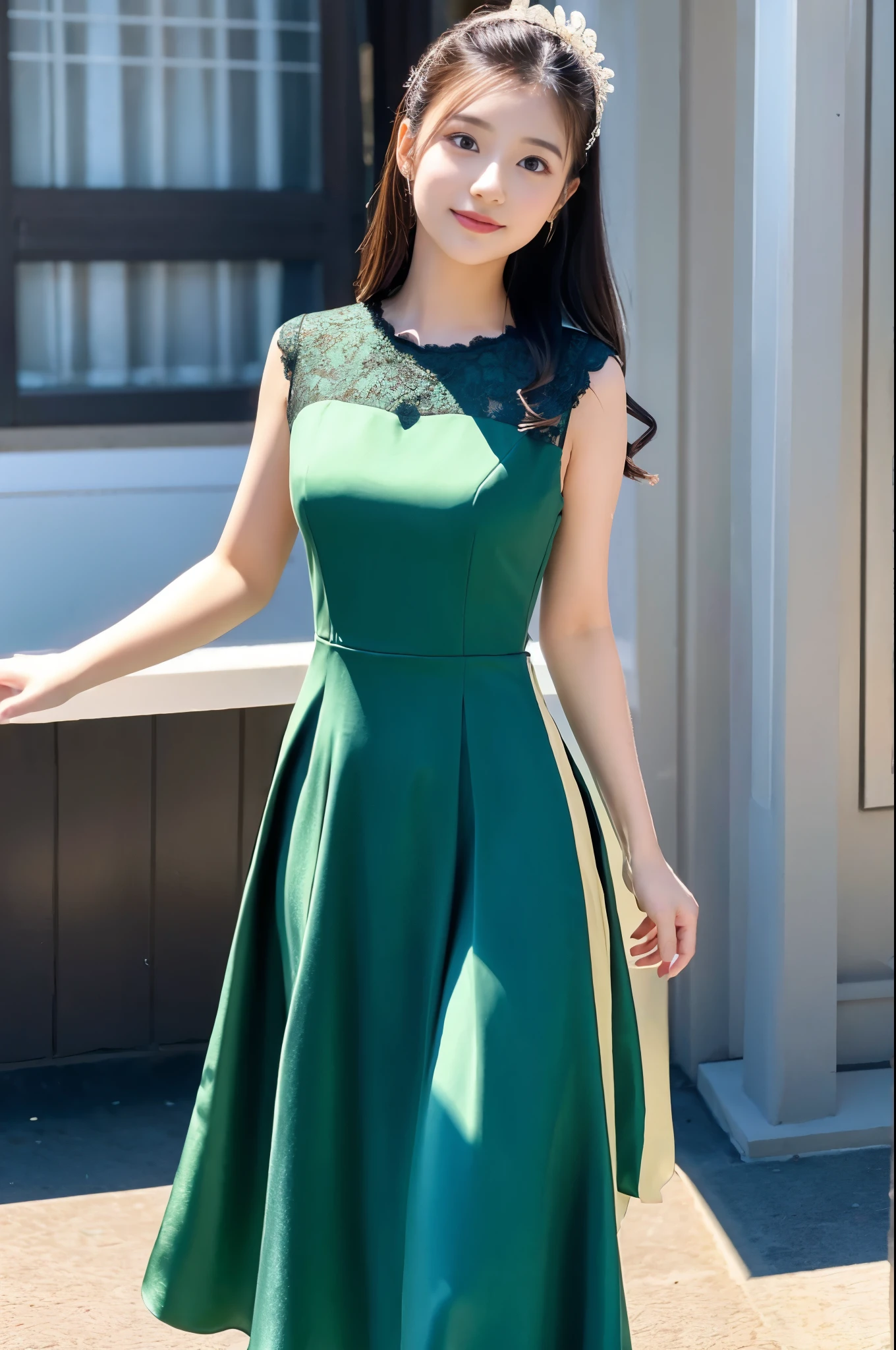 ((high quality work)), The writing is clear and concise, The green dress and the beautiful pleated lace complement each other., Enriching the layered feel of the entire picture, The elegant Edwardian lace dress and princess skirt add a lot of charm to the character., Gesture of turning the back of the hand , It also expresses the gentle and elegant side of women..