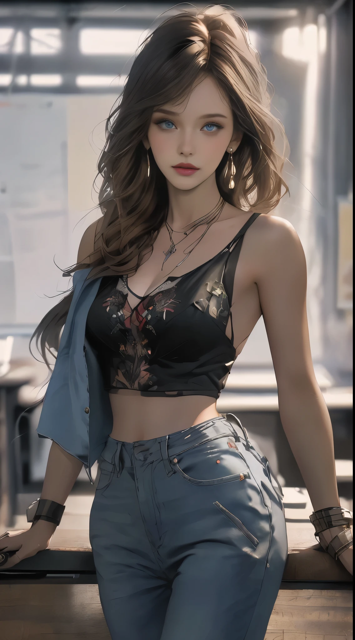 (Zendaya:Evangeline Lilly) ,sitting on some stairs, ripped jeans, tank top, ((pulls up her shirt)) , slightly muscular, Beautiful anime waifu style girl, hyperdetailed painting, luminism, art by Carne Griffiths and Wadim Kashin concept art, post-apocalyptic background, abstract beauty, approaching perfection, pure form, golden ratio, minimalistic, dark atmosphere, unfinished, concept art, intricate details, 8k post production, high resolution, hyperdetailed, trending on artstation, sharp focus, studio photo, intricate details, highly detailed, by Jon Bauer