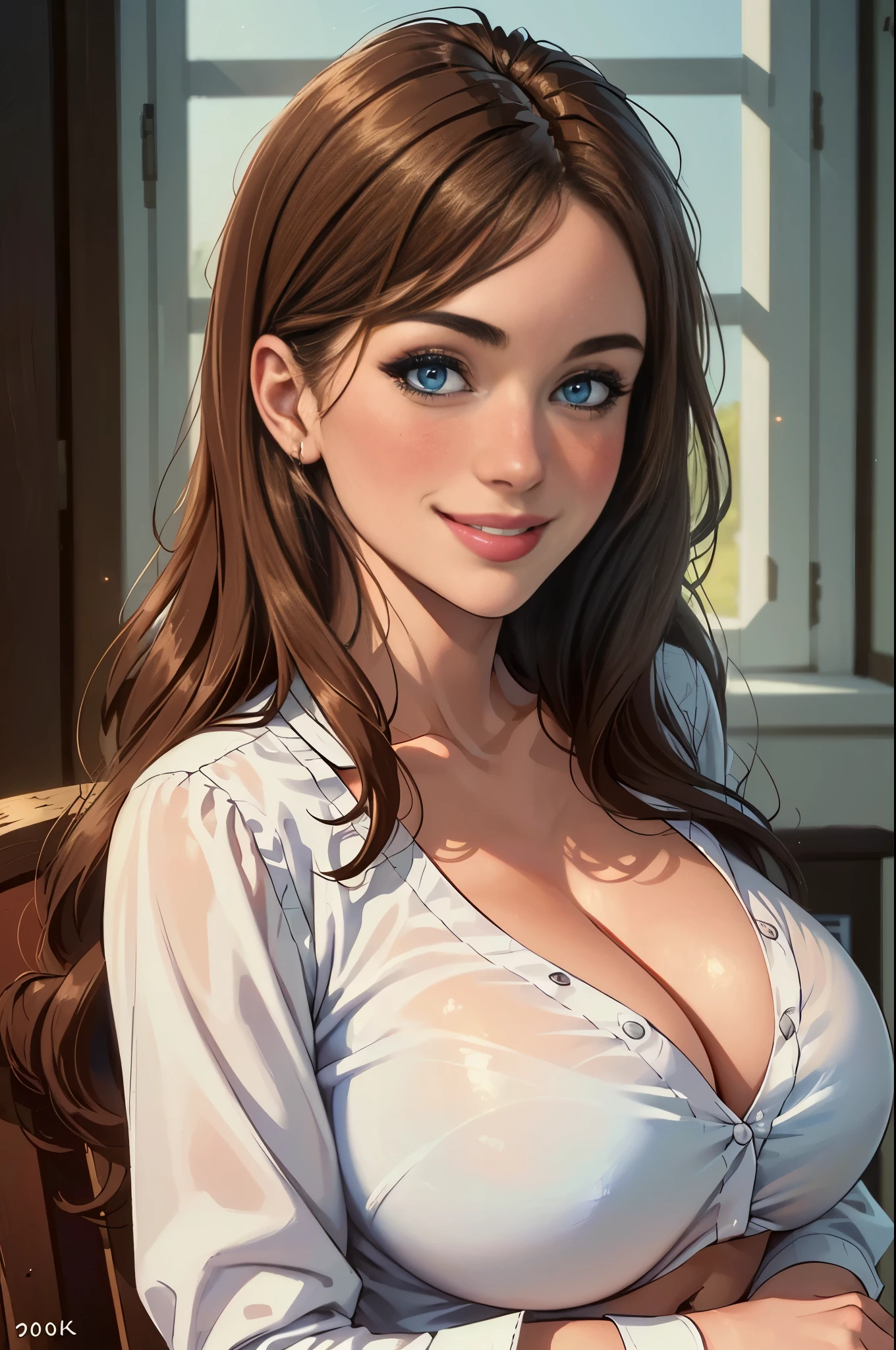 (Best quality, 40k, Masterpiece:1.3), (realistic), (1girl), (Pretty woman in her 20s), white y-shirt with open buttons) huge breasts, cleavage, long brown hair, bangs, navel, detailed blue eyes, open chest wide, happy face, blush, smile, (upper body), (room with beautiful sunlight), (professional lighting)