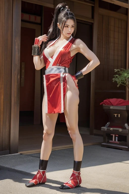 (mai shiranui:1.6), (tabi:2.0), (toe:1.2), (Full body portrait:2.0), Full body, (Realism), (masutepiece:2.0), (Best Quality), (ultra-detailliert), (8K, 4K, Convoluted), (Flat Lighting:1.2), (skinny), Prestige, Brown eyes, Long hair, brown eyes, long hair, brown hair, white ribbon, sleeveless, ponytail, sash, pelvic curtain, arm guards, gloves, tabi, fascinated expression, Sexy eyes, slim, medium breasts, Smile, Cute, view the viewer, Long hair, Close to Japan temple, (breasts focus:1.2), (Realistic:1.2), (Full Shot: 1.2), (85 mm), light Particle, Lighting, (Highly detailed:1.2), (Detailed face:1.2), (gradients), SFV, Colorful, (Detailed eyes:1.2), (Detailed temples of Japan: 1.2),(Detailed background), (Dynamic Angle:1.2), (Dynamic Pose:1.2), (Line of action:1.2), Wide Shot, Daylight, Solo.