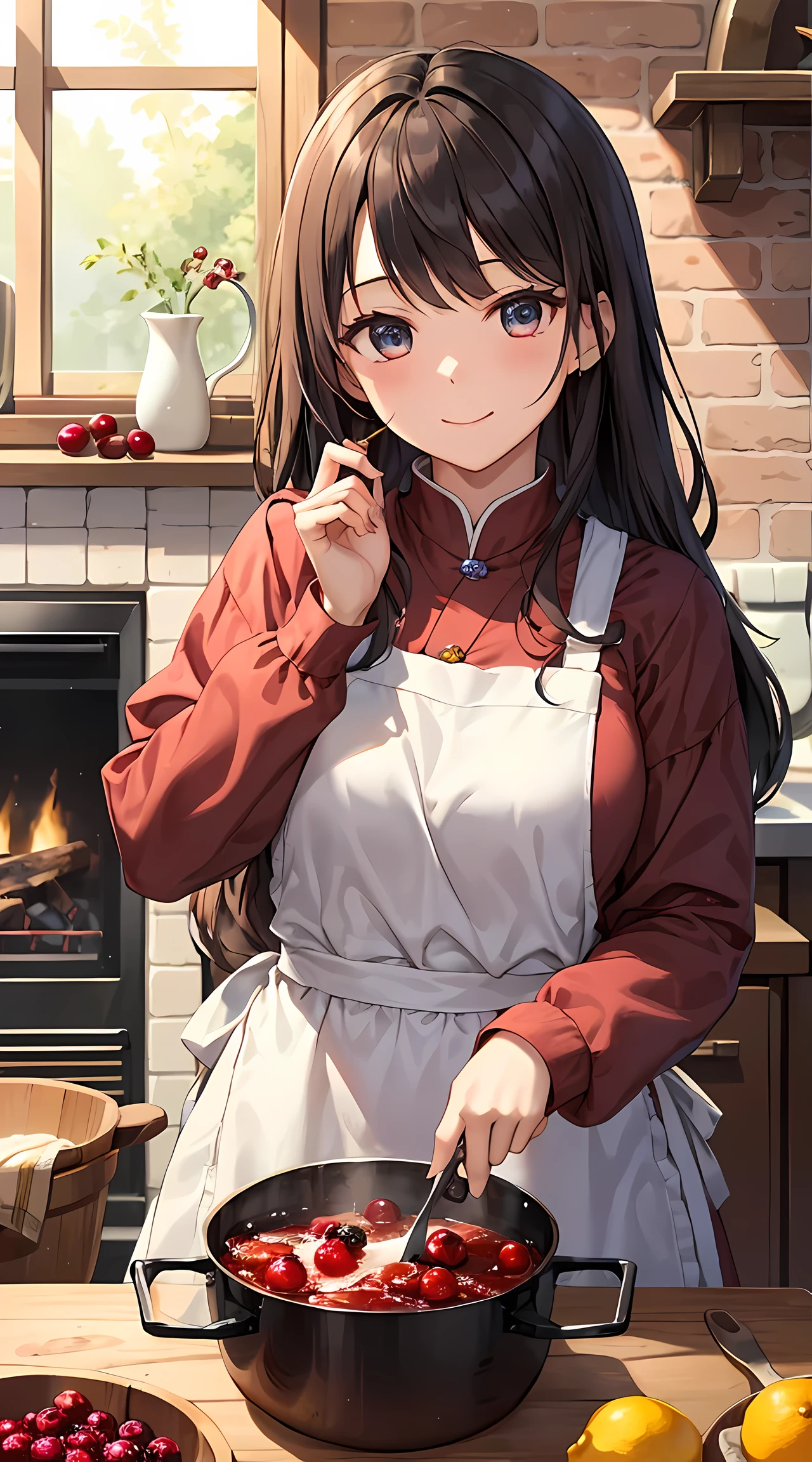 Background with: Luxury kitchens in medieval Europe。 There is a pot by the big fireplace.、Cranberry jam is boiled in it。 Fresh cranberry kernels and sugar on the kitchen table、Ingredients such as lemons are lined up。 人物: Young Marquis。Hairstyle is long hair、Hair color is brown。She wears a gorgeous dress and、Working in the kitchen with an apron on。 Facial expressions and eyes:The focus is on her face。She is concentrating on jam.、Smile and working cutely。 Poses: One hand holds a wooden spoon、Stirring the jam in the pan。 In the other hand hold a cranberry fruit、Trying to add to the pot。 styles: Detailed background of medieval Europe and、Her gorgeous dresses and hairstyles are distinctive。 Overall, it has a historical atmosphere.、Highlights her cuteness。 Special elements: Cranberry colorful red、Among the whole shades are emphasized。Her dresses and kitchen décor too、Expresses the luxury of medieval Europe。pov