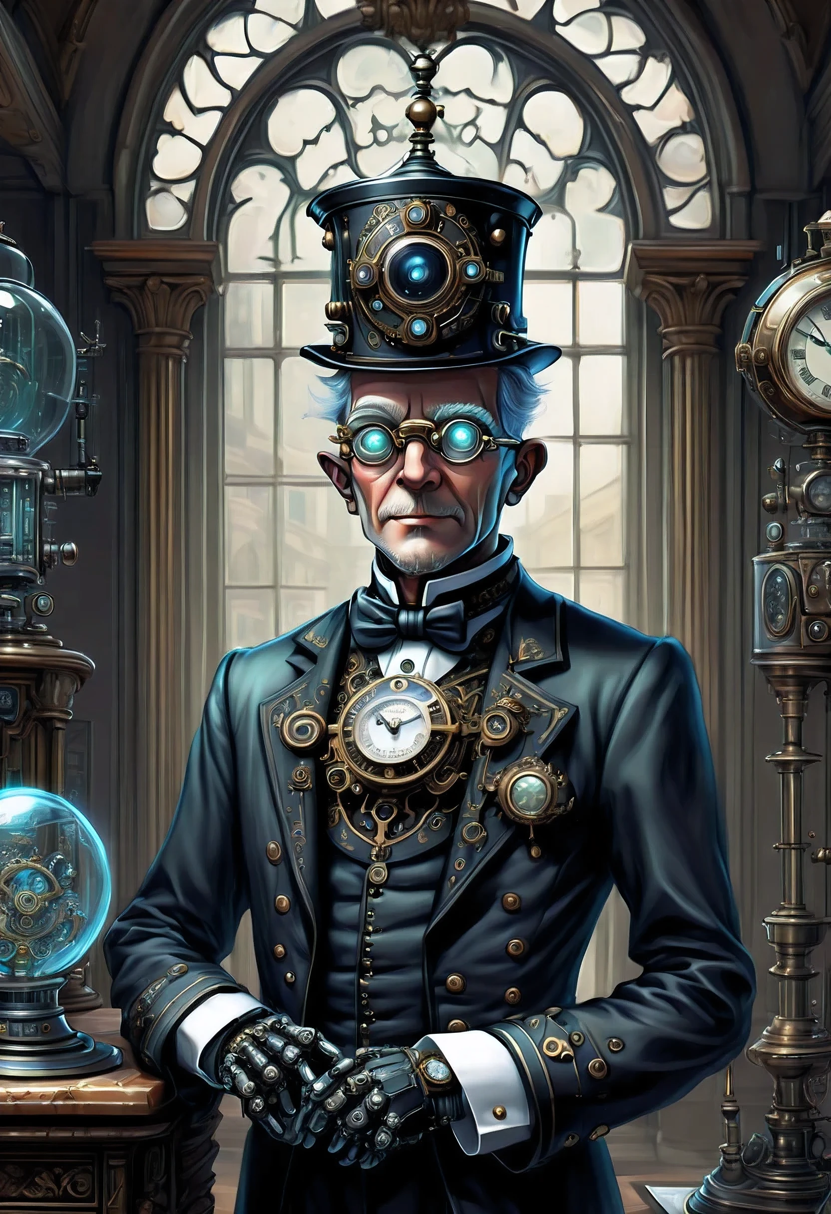 Robot Butler with Mechanical Engineering Profile, steampunk tie, detail soft shadow, Mechanical face with an ennui atmosphere, Mechanical decorative cane with one hand, frombelow, Mechanically with intricate and insane details, About the intricately detailed butler uniform, subtle lighting elements, cool beauty mechanical, Full body shot, From Side, nice cyber butler outfit, An atmosphere of beauty like a finely honed blade, very fine shadows, drizzle doodle background, eternal time clock, It feels like the wind of eternity, Lonely atmosphere, dim white lighting, street art graffiti inspiration, Eyes that show sadness, brave expression, darkest twilight, Detail of darkest core oil paint illustration, ultra clear details, very clear texture, complex brush strokes, High quality, High resolution, of the highest quality,