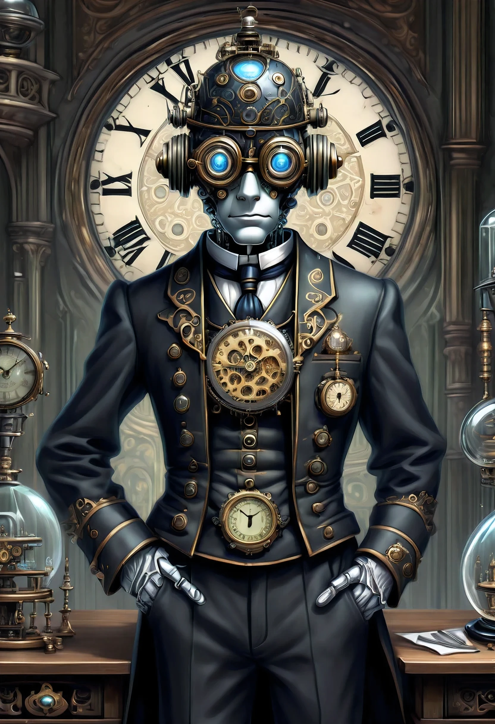 Robot Butler with Mechanical Engineering Profile, steampunk tie, detail soft shadow, Mechanical face with an ennui atmosphere, Mechanical decorative cane with one hand, frombelow, Mechanically with intricate and insane details, About the intricately detailed butler uniform, subtle lighting elements, cool beauty mechanical, Full body shot, From Side, nice cyber butler outfit, An atmosphere of beauty like a finely honed blade, very fine shadows, drizzle doodle background, eternal time clock, It feels like the wind of eternity, Lonely atmosphere, dim white lighting, street art graffiti inspiration, Eyes that show sadness, brave expression, darkest twilight, Detail of darkest core oil paint illustration, ultra clear details, very clear texture, complex brush strokes, High quality, High resolution, of the highest quality,