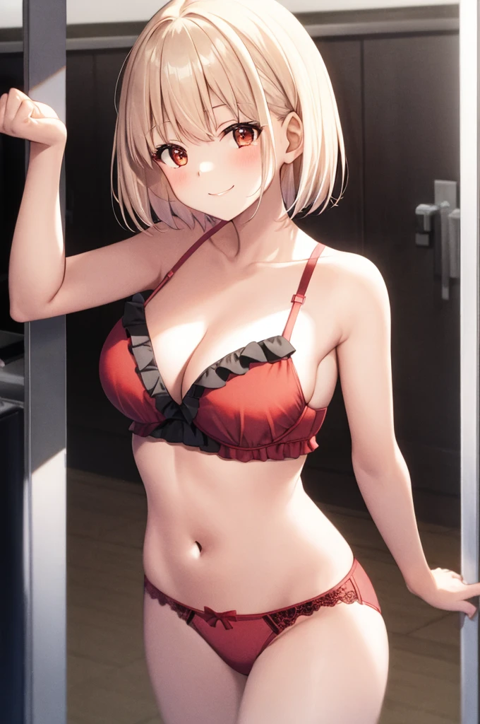 Chisato, 1girl in, Bangs, Indoor, Short hair, Smile, Solo, Standing, Sexy Pose, red bra with frills,red panties with frills, Lilcoli Ricoil