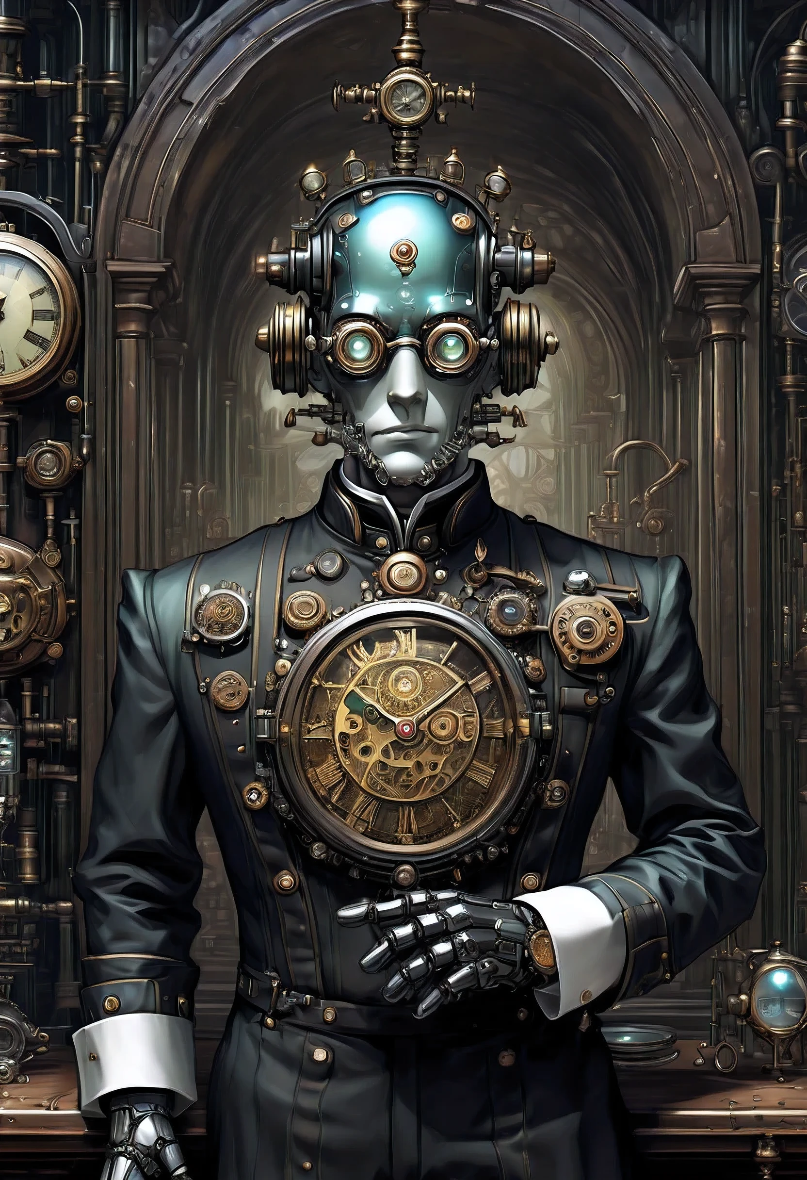 Robot Butler with Mechanical Engineering Profile, steampunk tie, detail soft shadow, Mechanical face with an ennui atmosphere, Mechanical decorative cane with one hand, frombelow, Mechanically with intricate and insane details, About the intricately detailed butler uniform, subtle lighting elements, cool beauty mechanical, Full body shot, From Side, nice cyber butler outfit, An atmosphere of beauty like a finely honed blade, very fine shadows, drizzle doodle background, eternal time clock, It feels like the wind of eternity, Lonely atmosphere, dim white lighting, street art graffiti inspiration, Eyes that show sadness, brave expression, darkest twilight, Detail of darkest core oil paint illustration, ultra clear details, very clear texture, complex brush strokes, High quality, High resolution, of the highest quality,