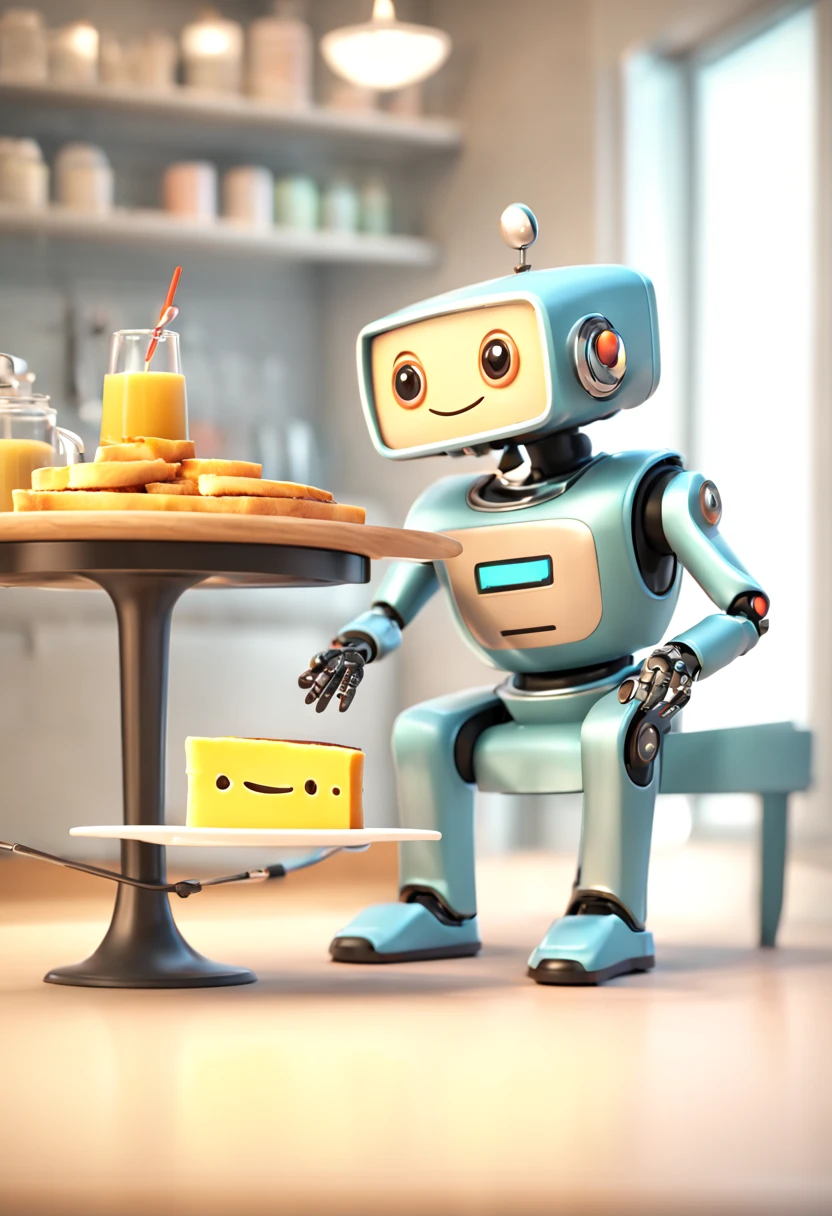 A robot butler named Rosie offers a grilled cheese sandwich to a little seated at the kitchen island. Rosie is designed to look friendly with big, round eyes and a smiling digital face on her screen. The girl laughs, delighted by her new robot friend. Cute, cheerful moment. Pixar, Disney, concept art, 3d digital art, Maya 3D, ZBrush Central 3D shading, bright colored background, radial gradient background, cinematic, Reimagined by industrial light and magic, 4k resolution post processing