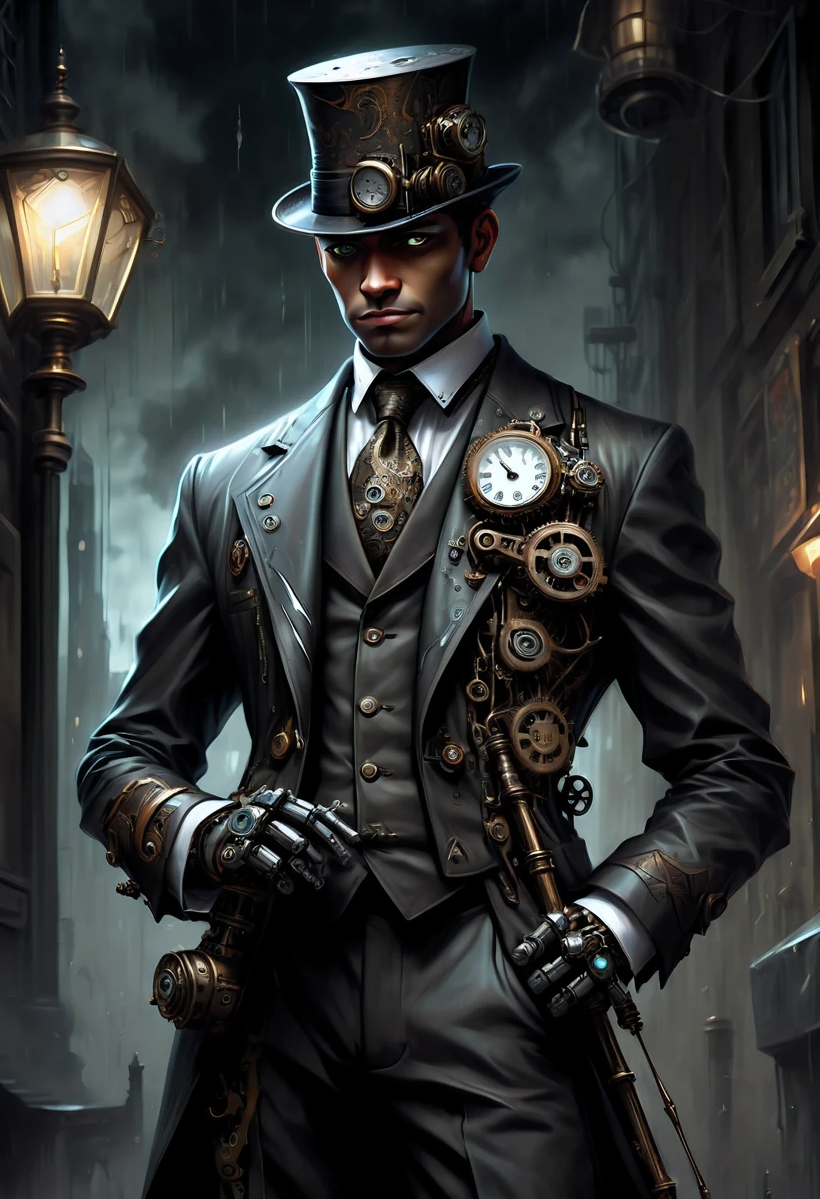 Robot Butler with Mechanical Engineering Profile, steampunk tie, detail soft shadow, Mechanical face with an ennui atmosphere, Mechanical decorative cane with one hand, frombelow, Mechanically with intricate and insane details, About the intricately detailed butler uniform, subtle lighting elements, cool beauty mechanical, Full body shot, From Side, nice cyber butler outfit, An atmosphere of beauty like a finely honed blade, very fine shadows, drizzle doodle background, eternal time clock, It feels like the wind of eternity, Lonely atmosphere, dim white lighting, street art graffiti inspiration, Eyes that show sadness, brave expression, darkest twilight, Detail of darkest core oil paint illustration, ultra clear details, very clear texture, complex brush strokes, High quality, High resolution, of the highest quality,