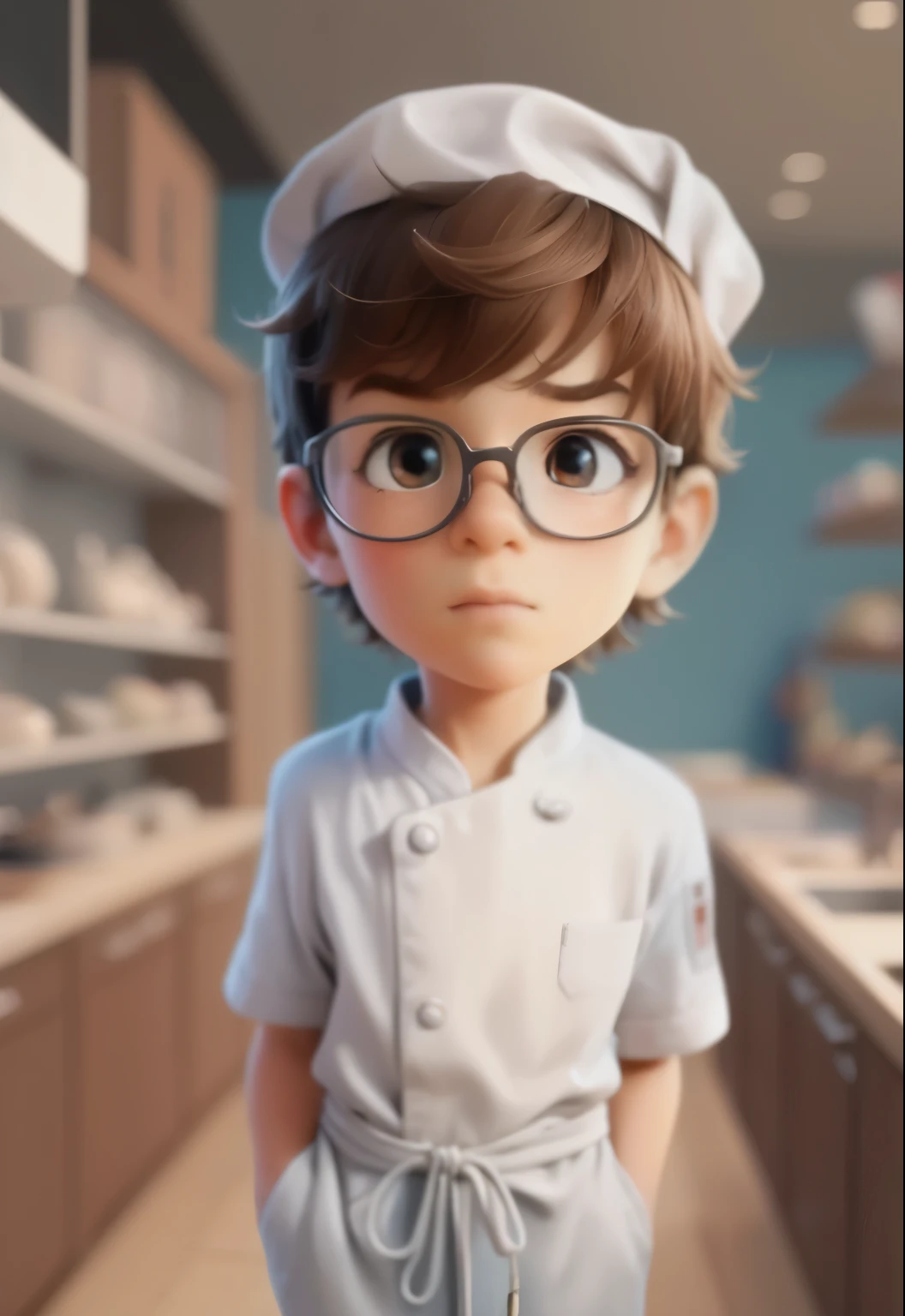 Close-up of a boy wearing glasses, 3 d animated cartoon, pouty look,(Portrait of a boy in a white chef shop 1.2), chef's hat, looking at viewert, shut up, kitchen scenery 1.2 octane rendering, Pixar renderer rendering, small person. Unreal Engine5, animated cartoon, animated cartoon, animation style rendering, realistic anime 3D style, Realistic 3D style, pixar 3 d animation style, 3D characters realistic, anime film, Ultra-detailed rendering