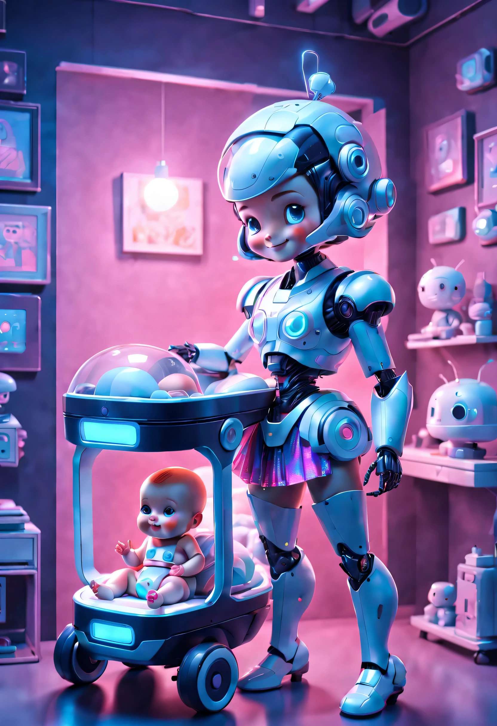 Future character design，Retro-Future，(Robot butler wearing holographic retro skirt，Smiling looking at cute human baby in cradle)，great room, 3D, Futuristic cyberpunk style，，like a dream