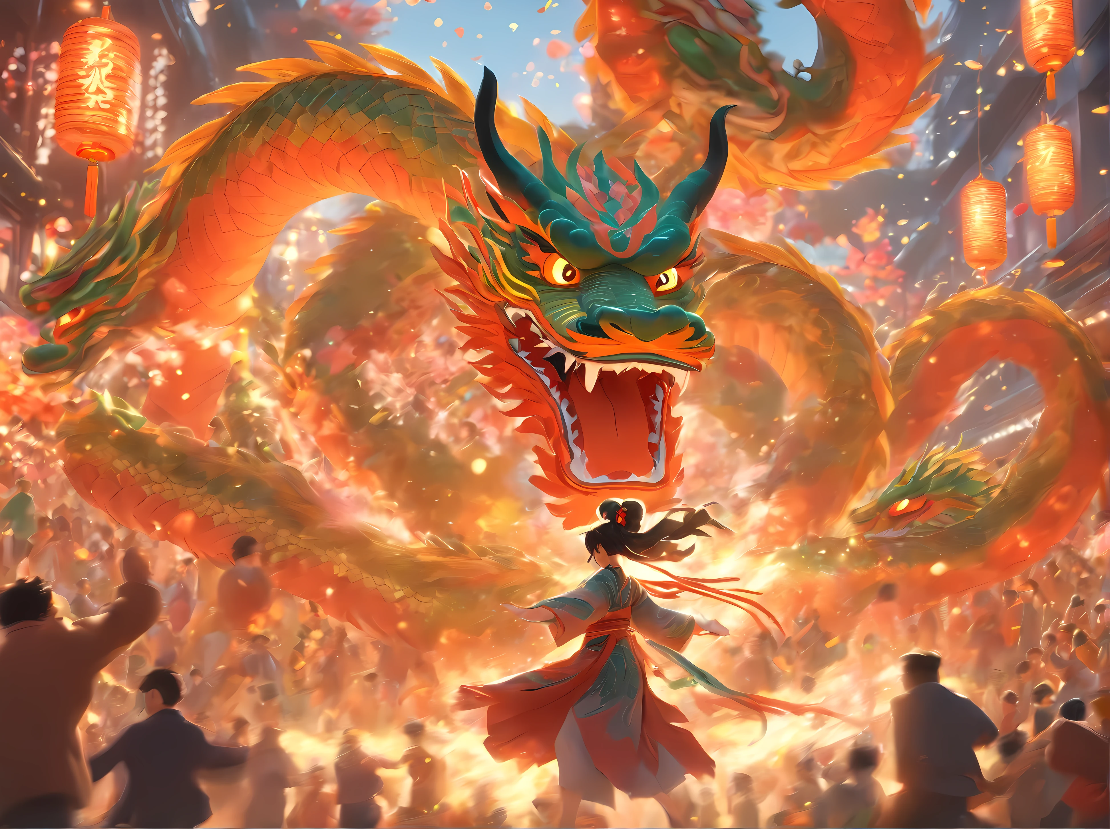 A Beautiful young lady is dancing in tandem with a dragon at the heart of a bustling Chinese New Year parade. Giant dragon puppets snake above, their vibrant colours illuminating the impending martial exchange, firecrackers explode all around, they perform a beautiful dance ritual perfectly synchronised as the crowd watch on, mesmerising dance sequence, breathtakingly beautiful woman, exquisite colour and detail, depth, volumetric light, sub-surface scattering, quixel megascan, absurdres,