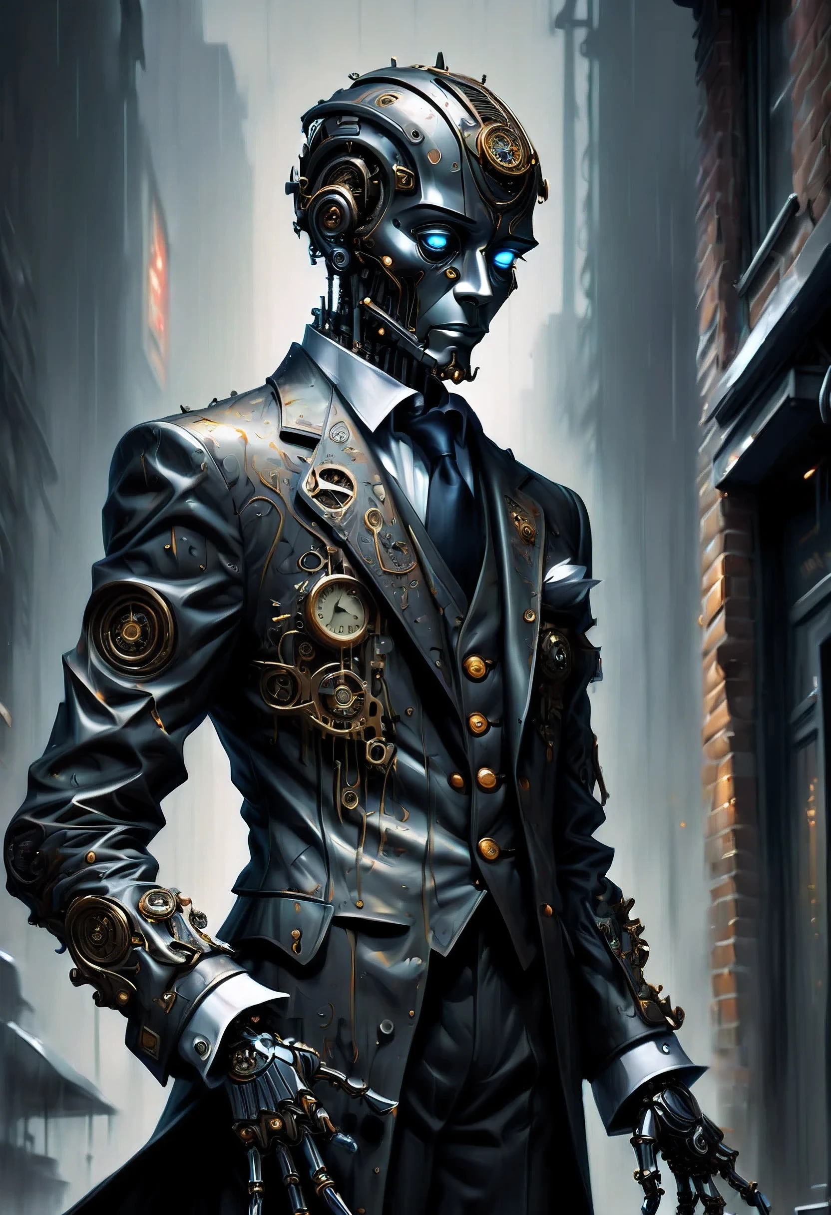 Robot Butler with Mechanical Engineering Profile, steampunk tie, detail soft shadow, Mechanical face with an ennui atmosphere, Mechanical decorative cane with one hand, frombelow, Mechanically with intricate and insane details, About the intricately detailed butler uniform, subtle lighting elements, cool beauty mechanical, Full body shot, From Side, nice cyber butler outfit, An atmosphere of beauty like a finely honed blade, very fine shadows, drizzle doodle background, eternal time clock, It feels like the wind of eternity, Lonely atmosphere, dim white lighting, street art graffiti inspiration, Eyes that show sadness, brave expression, darkest twilight, Detail of darkest core oil paint illustration, ultra clear details, very clear texture, complex brush strokes, High quality, High resolution, of the highest quality,