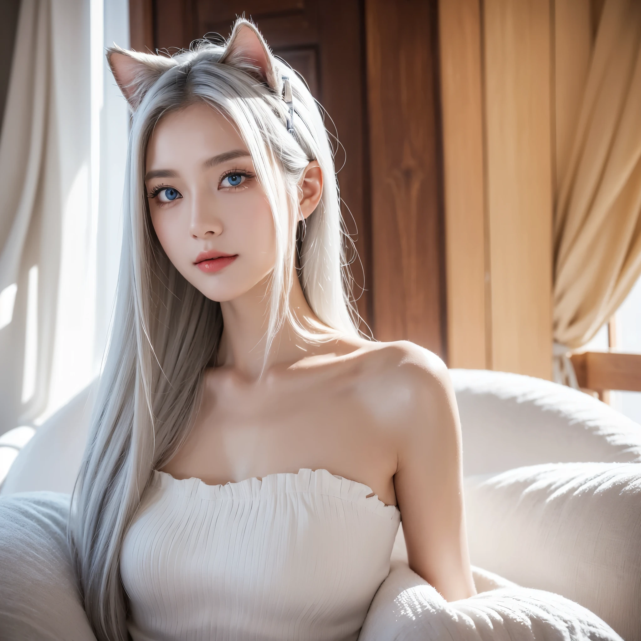 Beautiful and perfect 8k ultra high definition professional photos, Focus sharp, In a stunning fantasy world, 20-year-old cute silver-haired girl with beautiful hands,( (1 girl and a mysterious giant wolf)), beaming, In bright natural light