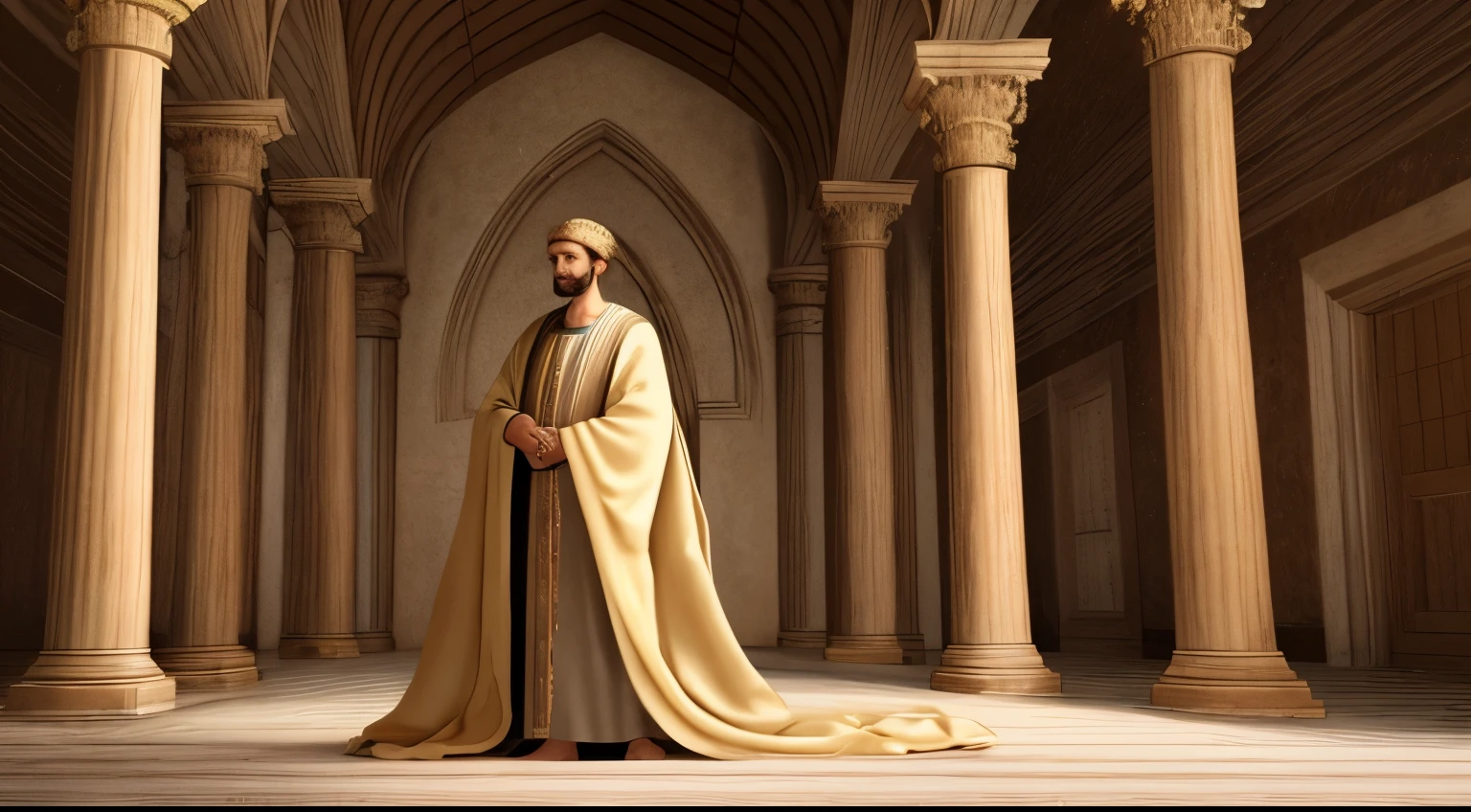 (best quality,4k,highres,masterpiece:1.2),ultra-detailed,(realistic:1.37),palace of the King, biblical era, ancient biblical times, Daniel at 50 in a beige robe, ancient setting, religious figure, wise and aged, historical, noble, majestic, serene atmosphere, brightly lit, warm color palette.