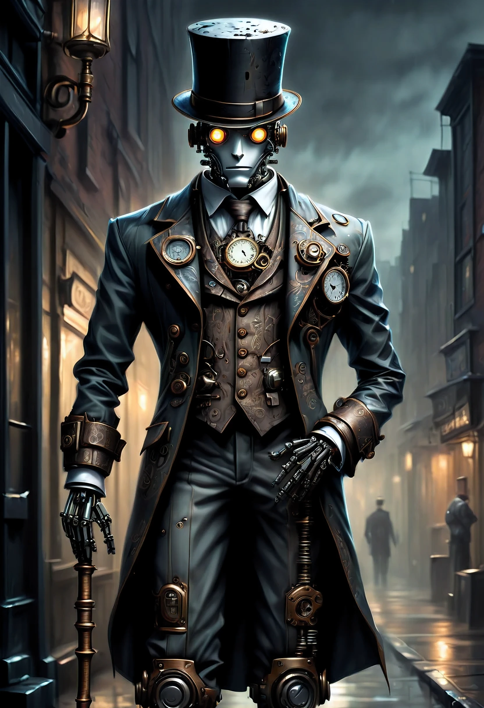 Robot Butler with Mechanical Engineering Profile, steampunk tie, detail soft shadow, Mechanical face with an ennui atmosphere, Mechanical decorative cane with one hand, frombelow, Mechanically with intricate and insane details, About the intricately detailed butler uniform, subtle lighting elements, cool beauty mechanical, Full body shot, From Side, nice cyber butler outfit, An atmosphere of beauty like a finely honed blade, very fine shadows, drizzle doodle background, eternal time clock, It feels like the wind of eternity, Lonely atmosphere, dim white lighting, street art graffiti inspiration, Eyes that show sadness, brave expression, darkest twilight, Detail of darkest core oil paint illustration, ultra clear details, very clear texture, complex brush strokes, High quality, High resolution, of the highest quality,