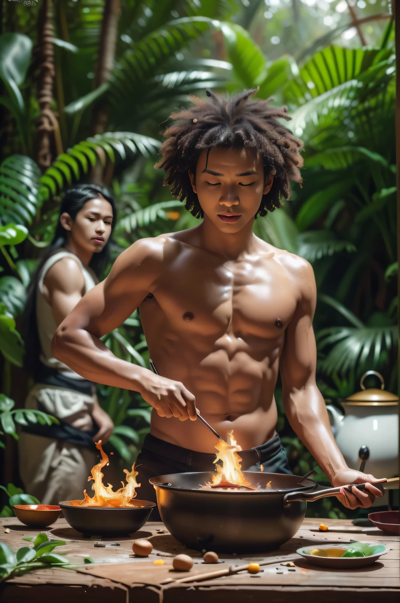 (best quality,4k,8k,highres,masterpiece:1.2),ultra-detailed,(realistic,photorealistic,photo-realistic:1.37),Papua new guinea,hyperealistic:1.5,jungle,group of ,sago making,boiling kettle,fire