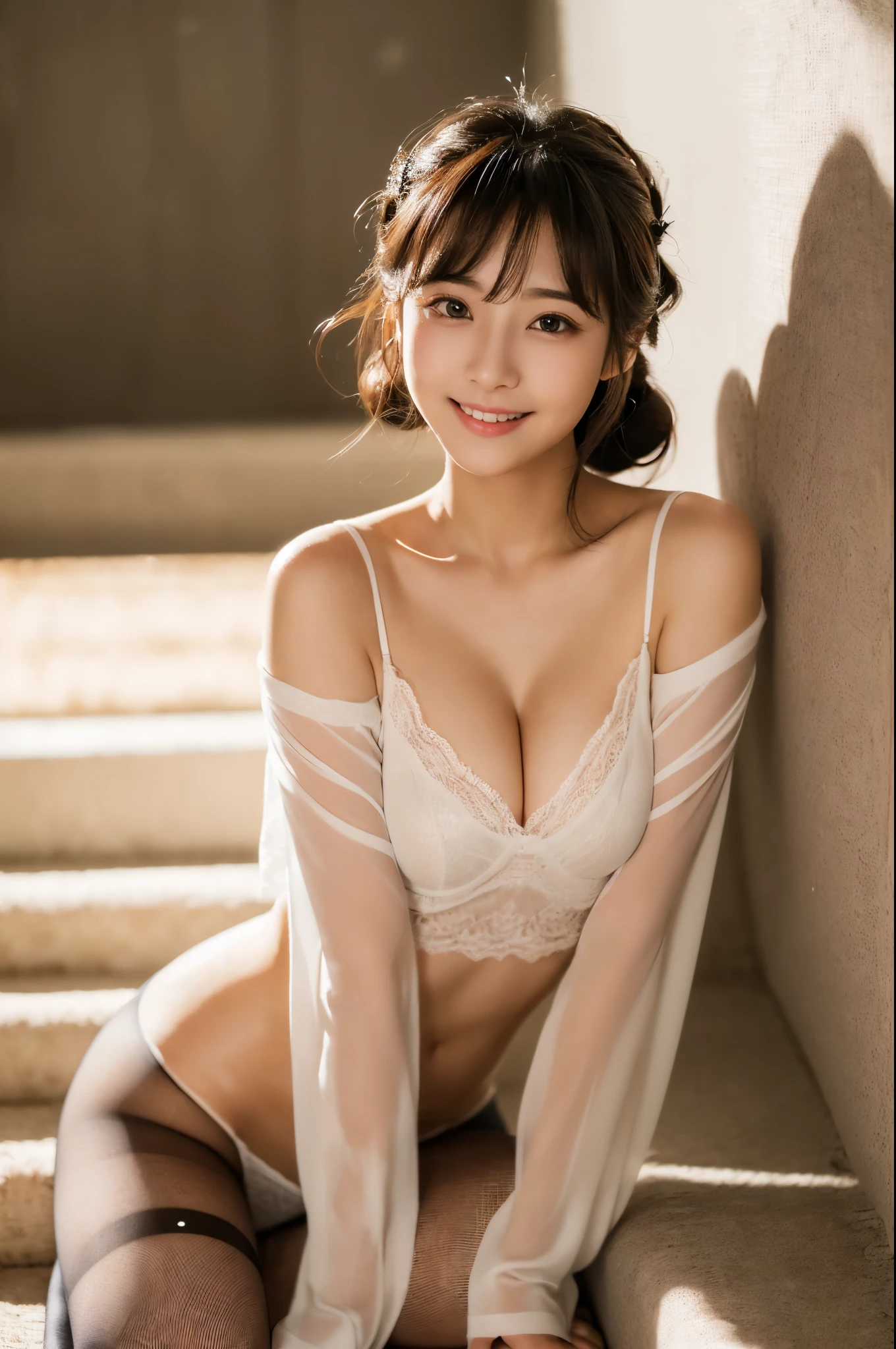 ulzzang -6500-v1.1, (Raw photo:1.2), (Photorealsitic), (Real:1.4), ((FULL BODYSHOT:1.6))、１girl with、、game_nffsw,  (eye detailed),  (Very affectionate smile:1.2)、(((ランダムな色の優雅な正装を着た上流階級のgirl with:1.3))),  (Ultra-realistic pantyhose:1.2),   (high-heels:1.2), (I keep my hair up and short)、Turn around at the party venue、huge filesize, hight resolution, ighly detailed, top-quality, [​masterpiece:1.6], illustratio, ighly detailed, nffsw, finely detail, top-quality, 8k wallpaper, Cinematographic lighting, cute droopy eyes beautiful big eyes、Pieckfinger, ((masutepiece)), Best Quality, 1girl with, eye shadow, realistic skin textures、shinny skin、Exposed thighs!!! , make - up、