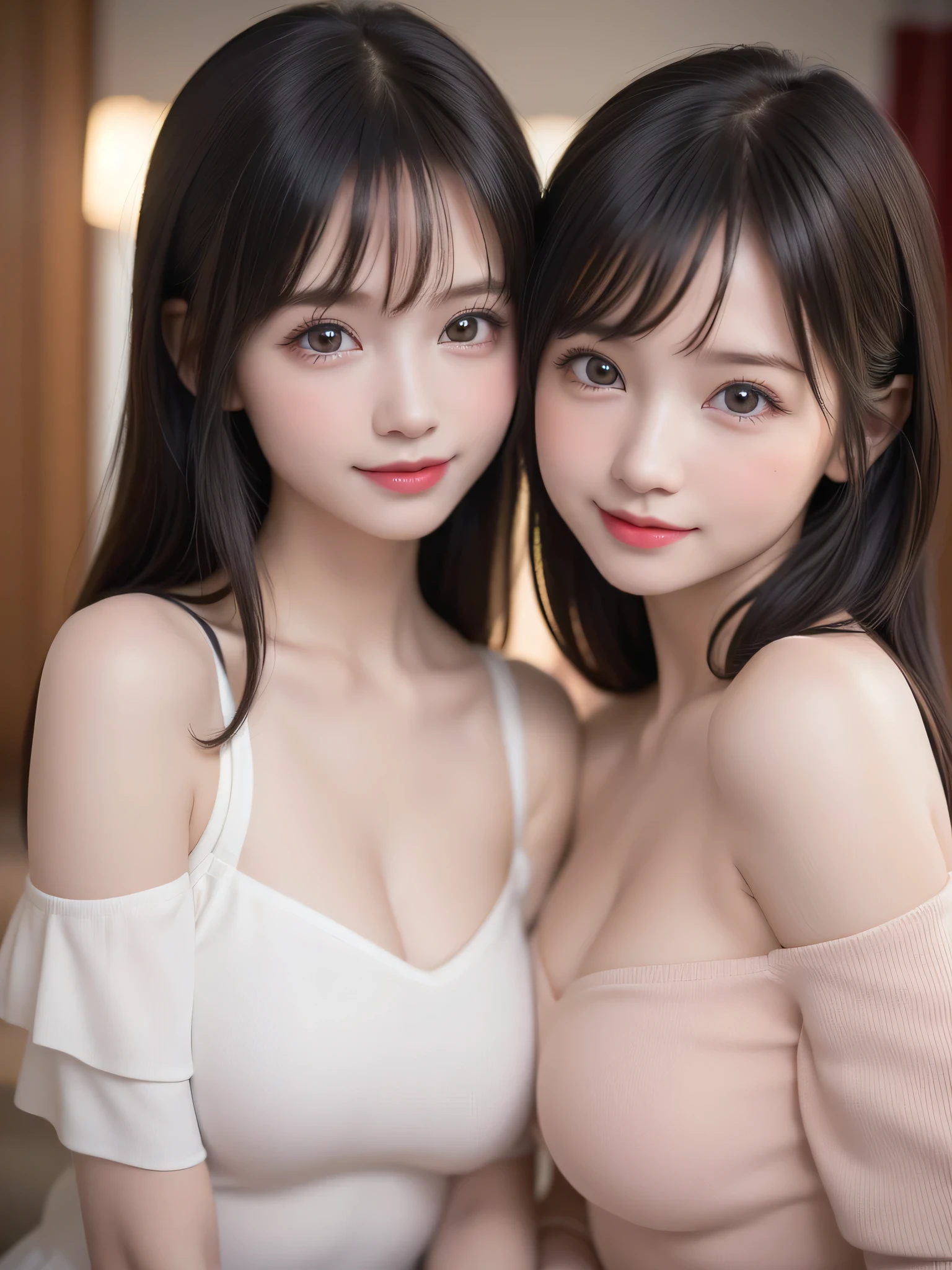 ((2 s:1.3)), (Ultra Realistic, hight resolution), (Highly detailed eyes, Highly detailed hair, Highly detailed face, Highly detailed plump lips), (off shoulder with open breasts), breasts, Upper body, Search Smile, (Best Quality:1.4), Raw photo, (Realistic, photo-Realistic:1.37), Professional Photography, Cinematic Light, (Fine face: 1.2), (stuffed toy:1.2),